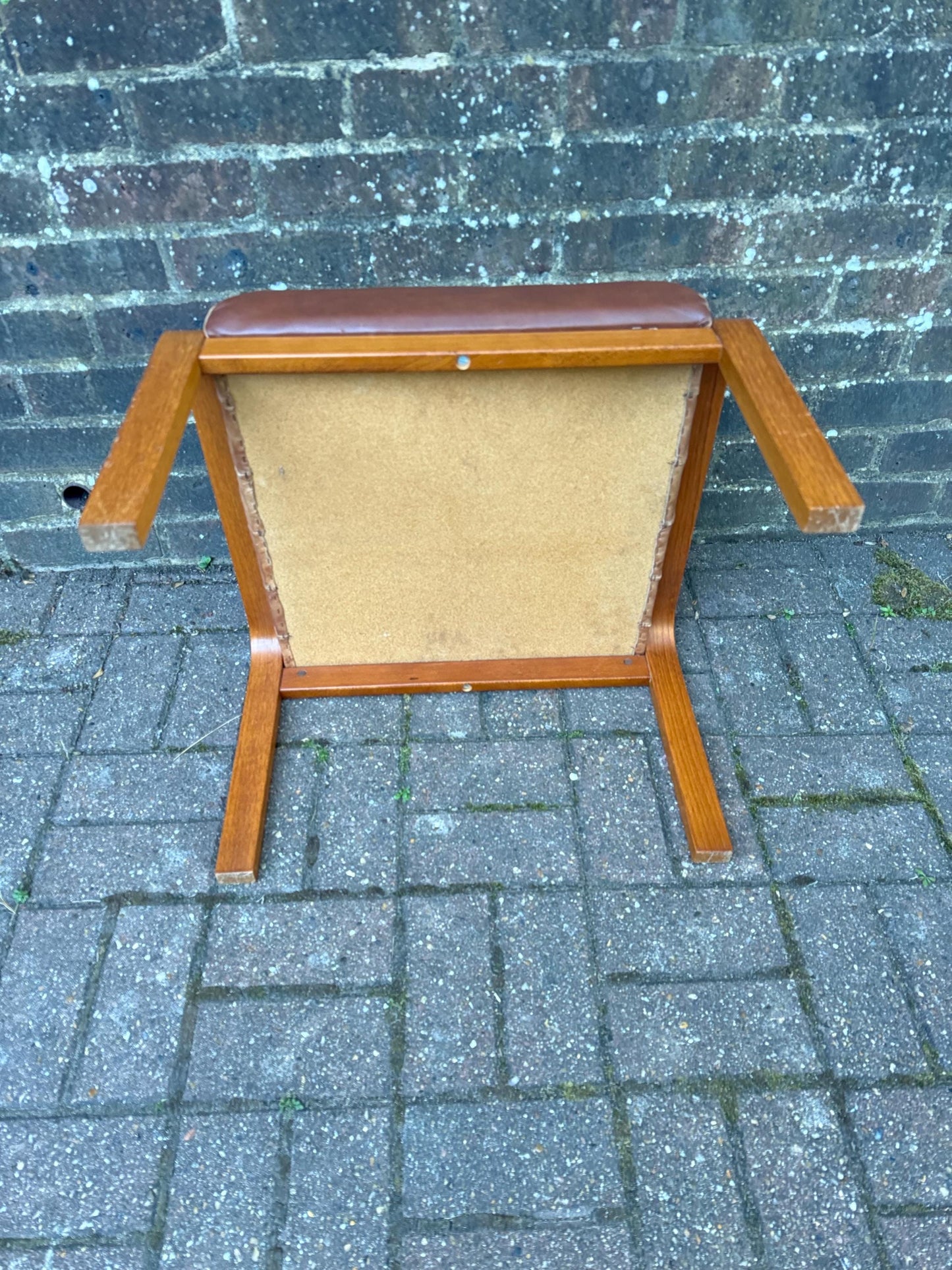 Vintage Retro Wooden and Leather Footstool – Danish Style Patchwork Seat, Retro 1960s 1970s Ottoman, Scandinavian Minimalist Home Decor