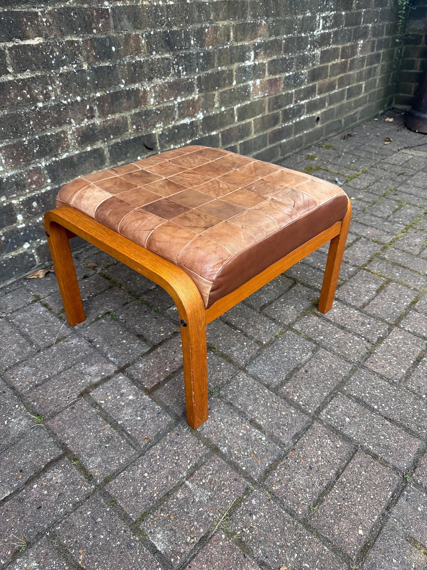Vintage Retro Wooden and Leather Footstool – Danish Style Patchwork Seat, Retro 1960s 1970s Ottoman, Scandinavian Minimalist Home Decor