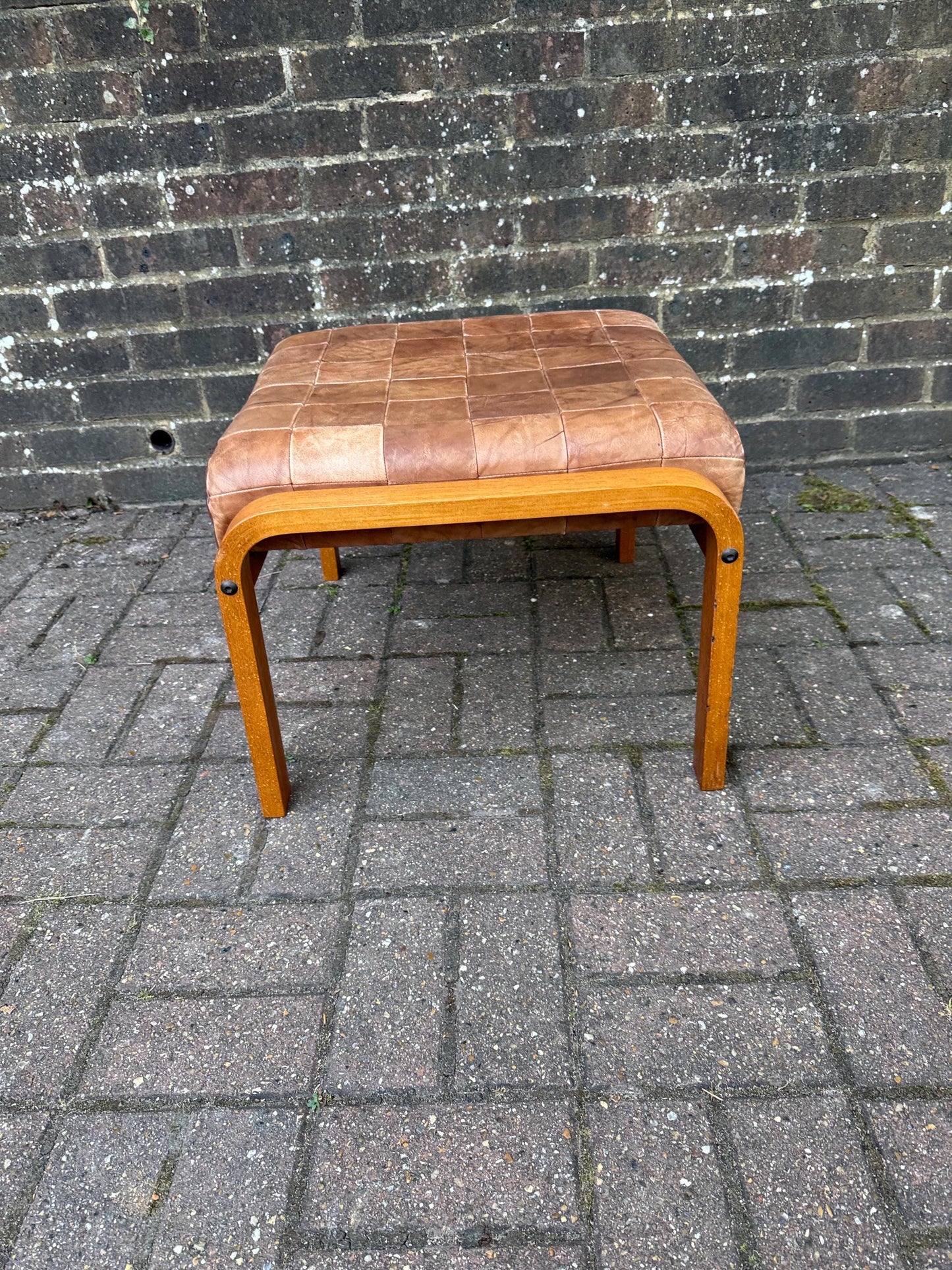 Vintage Retro Wooden and Leather Footstool – Danish Style Patchwork Seat, Retro 1960s 1970s Ottoman, Scandinavian Minimalist Home Decor