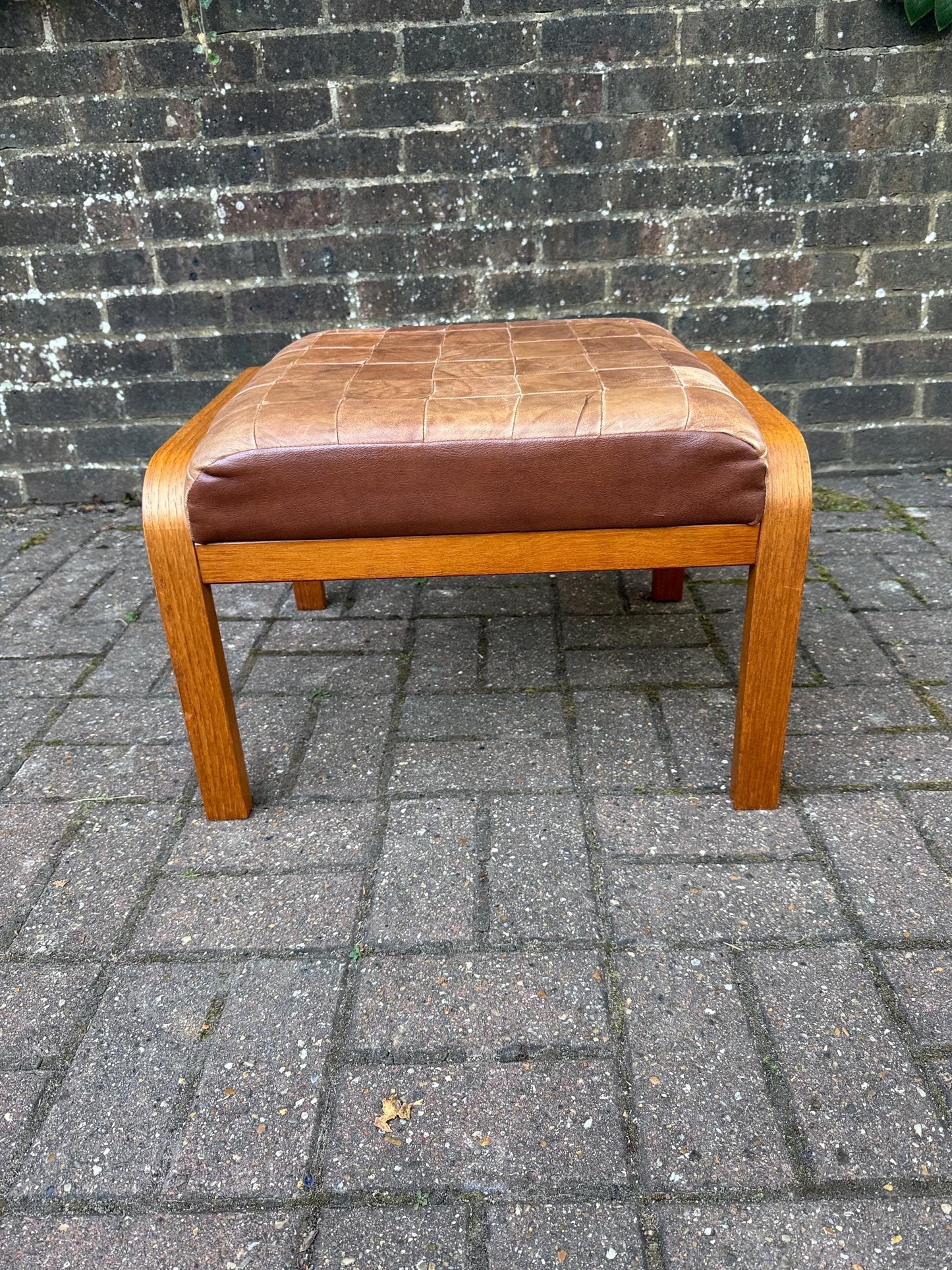 Vintage Retro Wooden and Leather Footstool – Danish Style Patchwork Seat, Retro 1960s 1970s Ottoman, Scandinavian Minimalist Home Decor