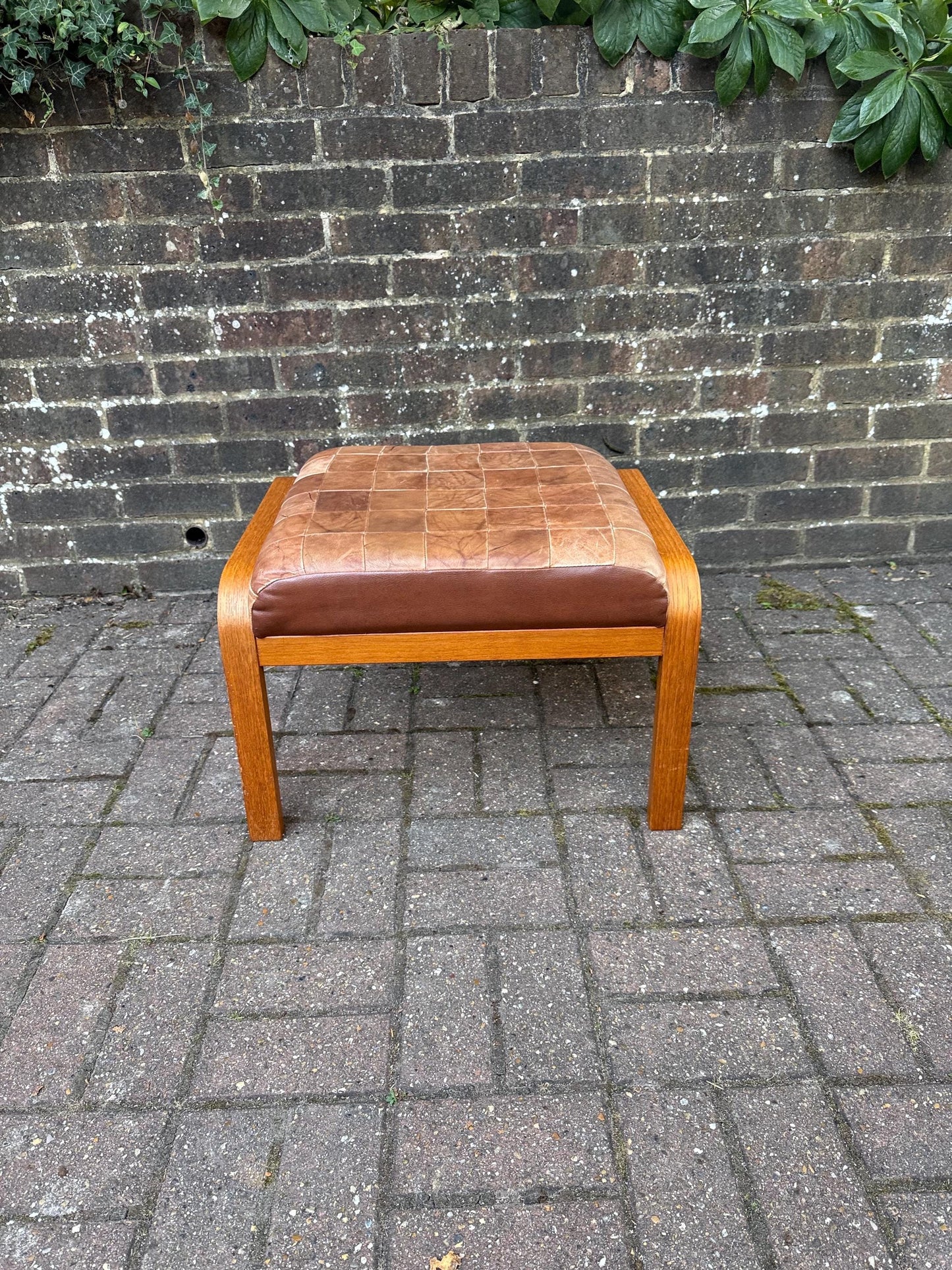 Vintage Retro Wooden and Leather Footstool – Danish Style Patchwork Seat, Retro 1960s 1970s Ottoman, Scandinavian Minimalist Home Decor