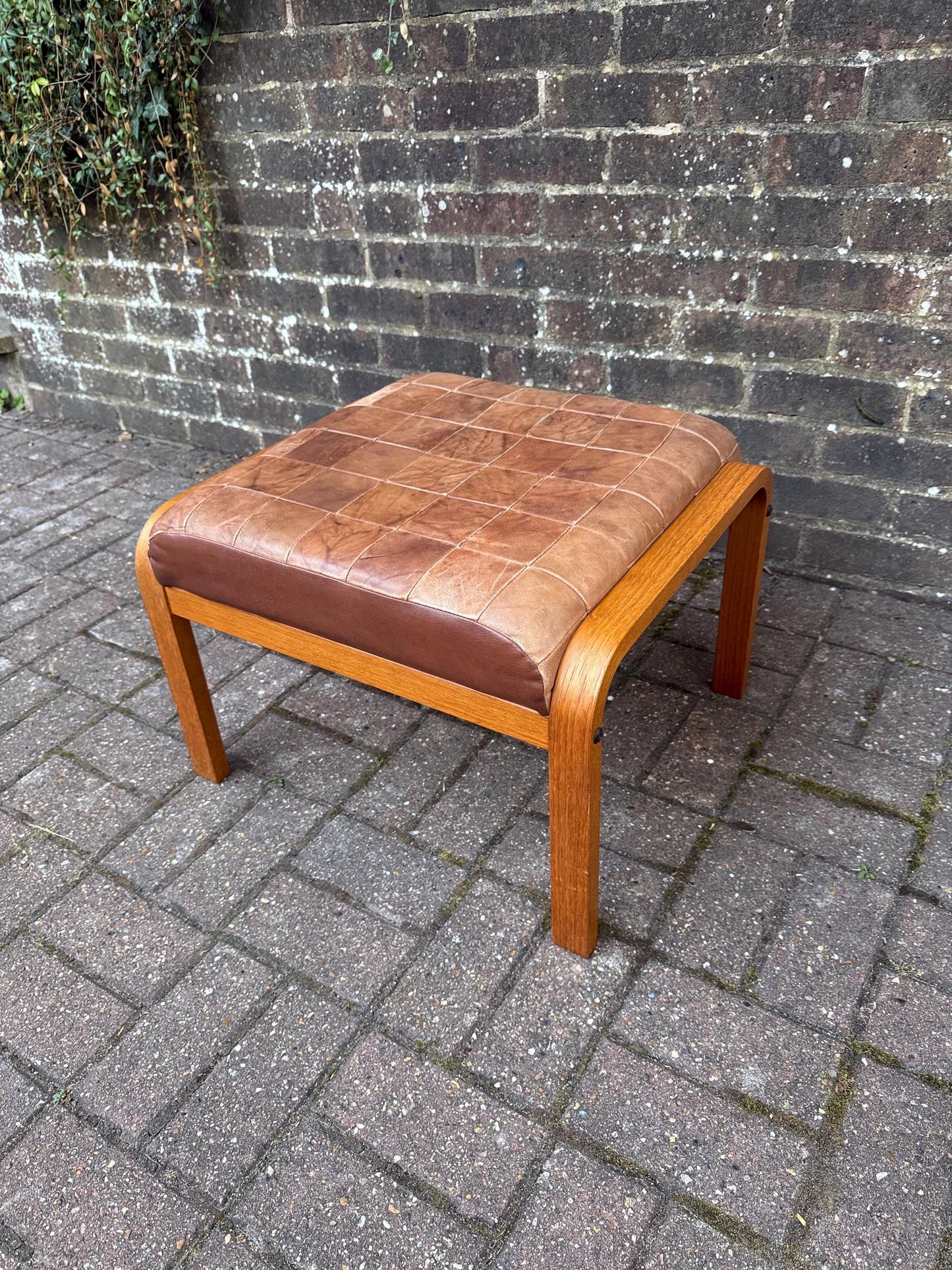 Vintage Retro Wooden and Leather Footstool – Danish Style Patchwork Seat, Retro 1960s 1970s Ottoman, Scandinavian Minimalist Home Decor