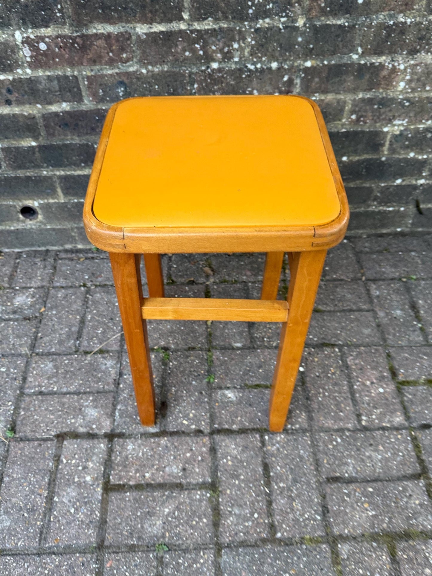Vintage Mid Century Yellow Top Wooden Stool – Retro 1960s/70s Kitchen or Workshop Stool / Seat, Space Saving, Pop of Colour Furniture
