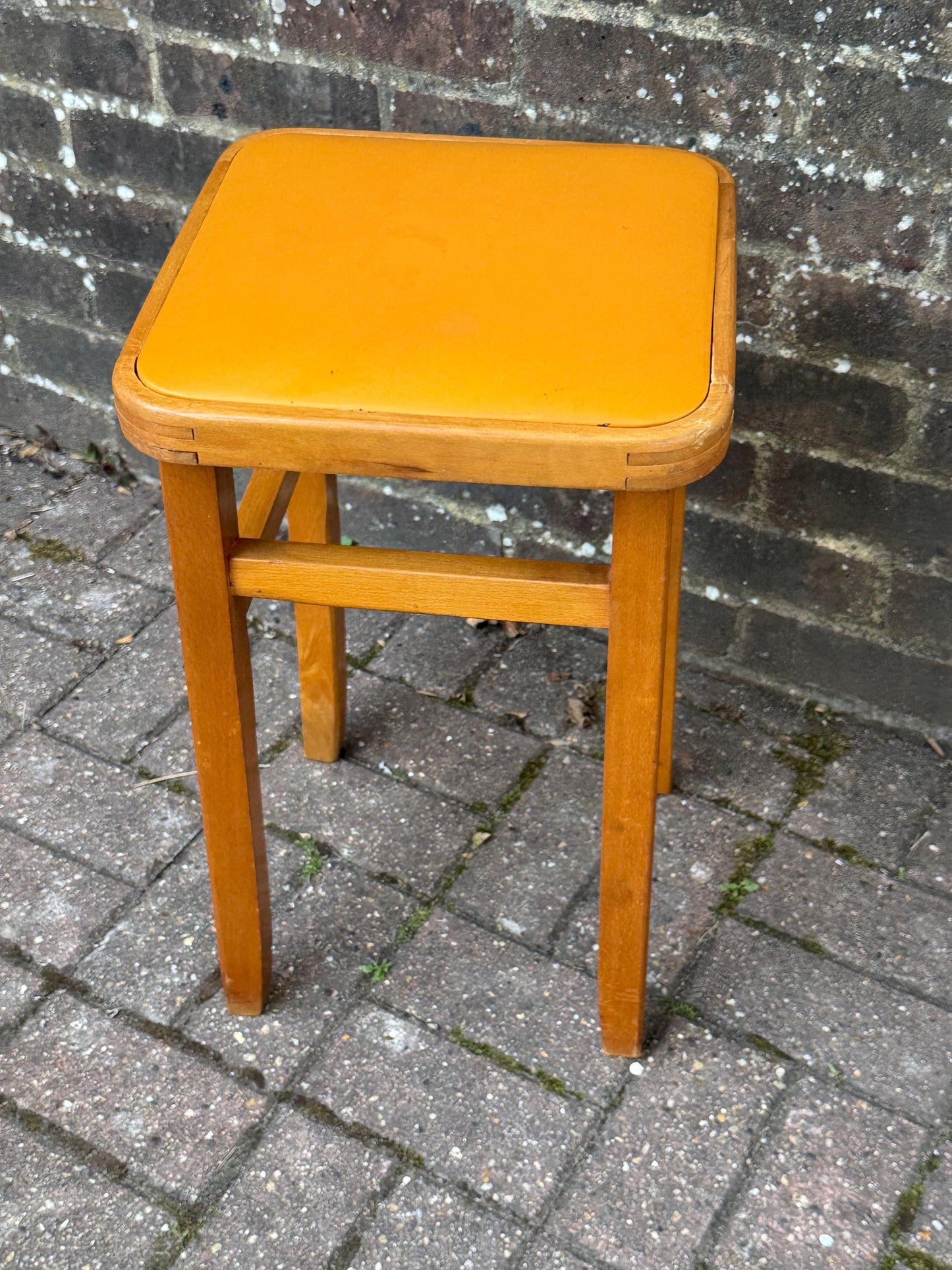 Vintage Mid Century Yellow Top Wooden Stool – Retro 1960s/70s Kitchen or Workshop Stool / Seat, Space Saving, Pop of Colour Furniture
