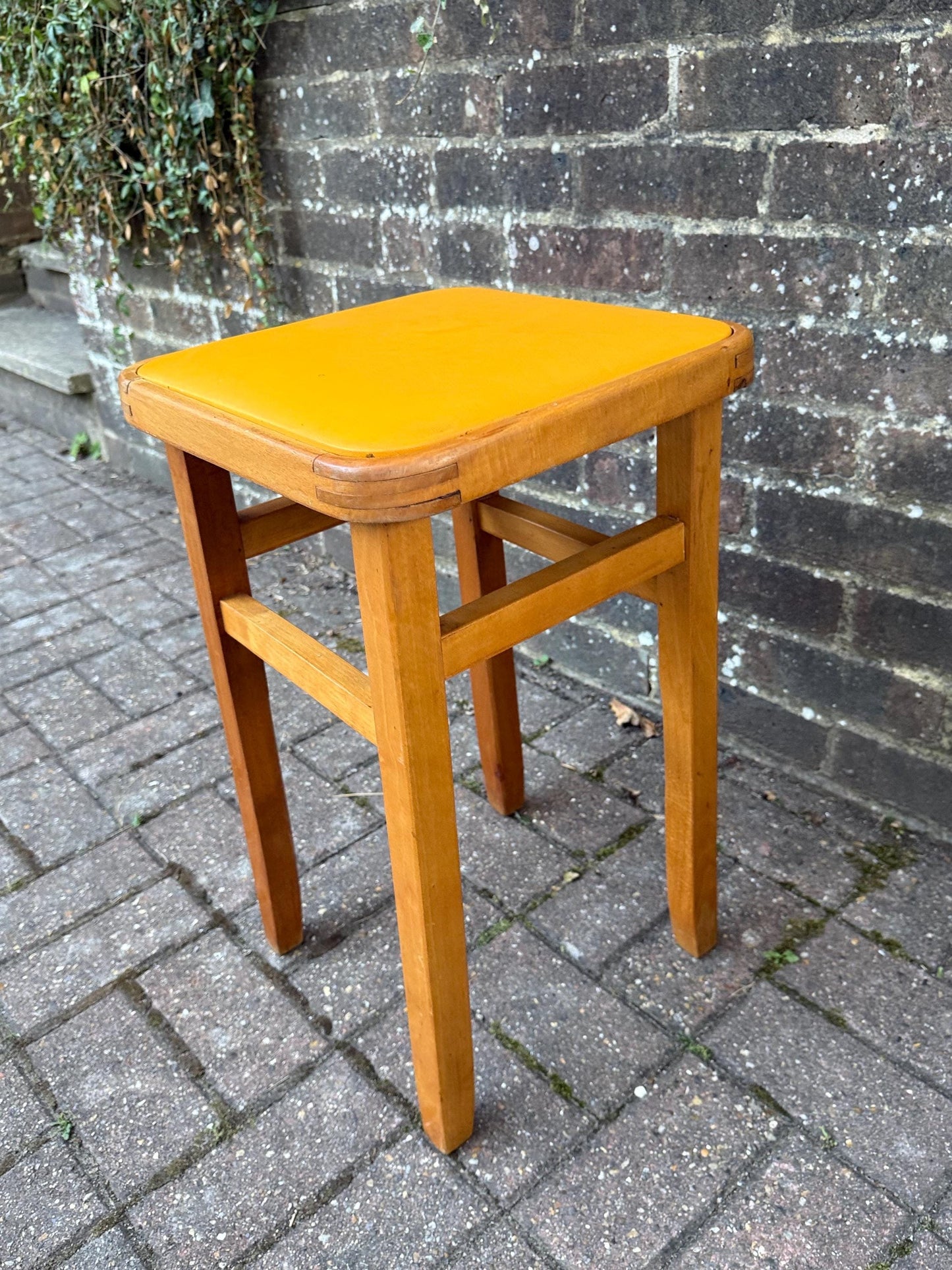 Vintage Mid Century Yellow Top Wooden Stool – Retro 1960s/70s Kitchen or Workshop Stool / Seat, Space Saving, Pop of Colour Furniture