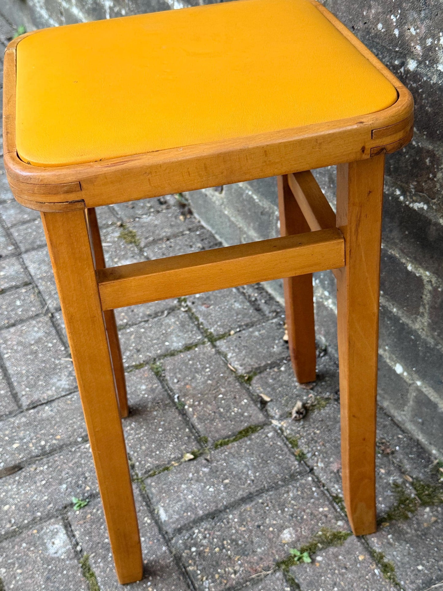 Vintage Mid Century Yellow Top Wooden Stool – Retro 1960s/70s Kitchen or Workshop Stool / Seat, Space Saving, Pop of Colour Furniture