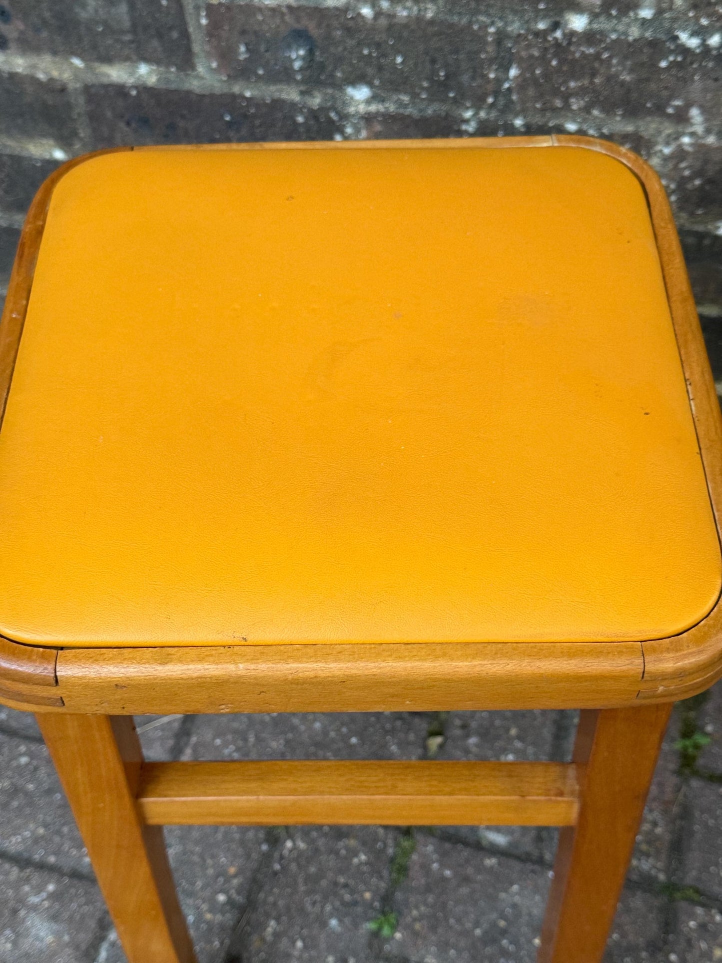 Vintage Mid Century Yellow Top Wooden Stool – Retro 1960s/70s Kitchen or Workshop Stool / Seat, Space Saving, Pop of Colour Furniture