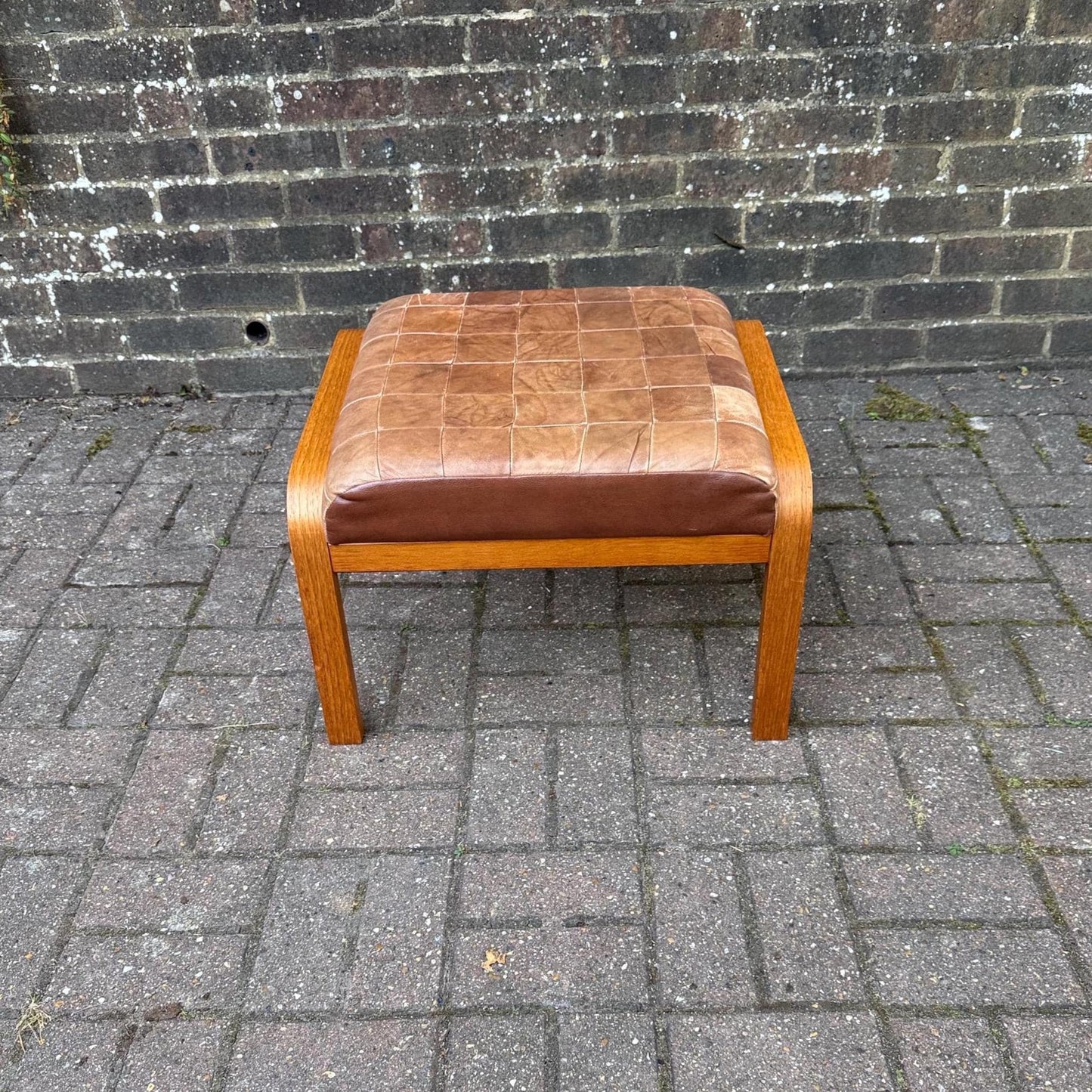 retro wooden stool with lovely soft patchwork leather seat/ oak or teak wood in scandi style design