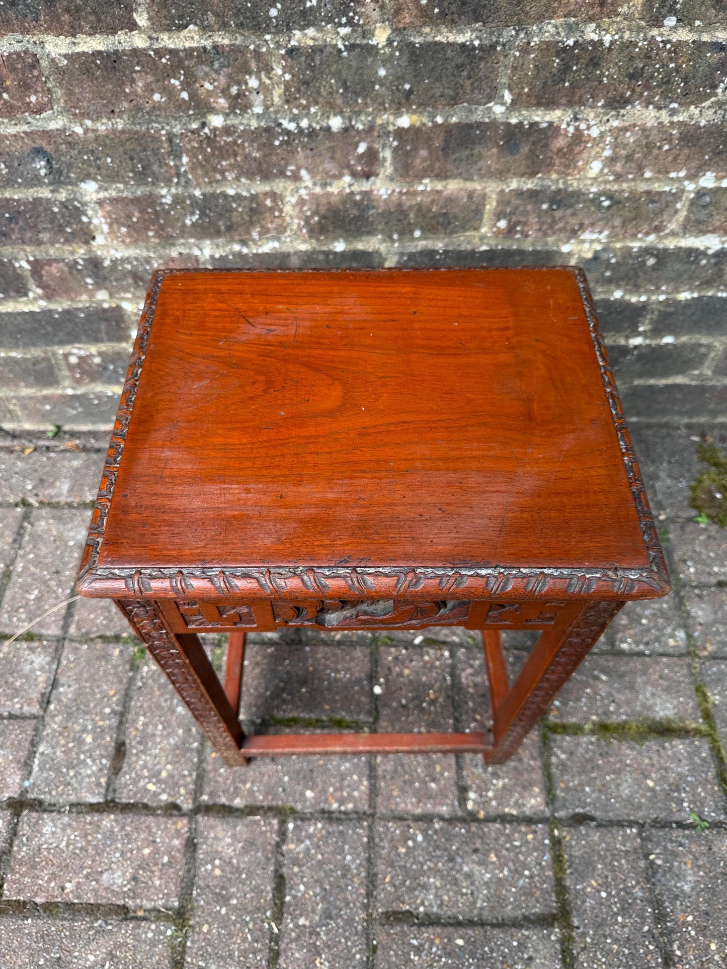 Small Vintage Chinese Carved Hardwood Side Table Plant Stand – Oriental Decorative Furniture with Floral & Geometric Detailing, plant table