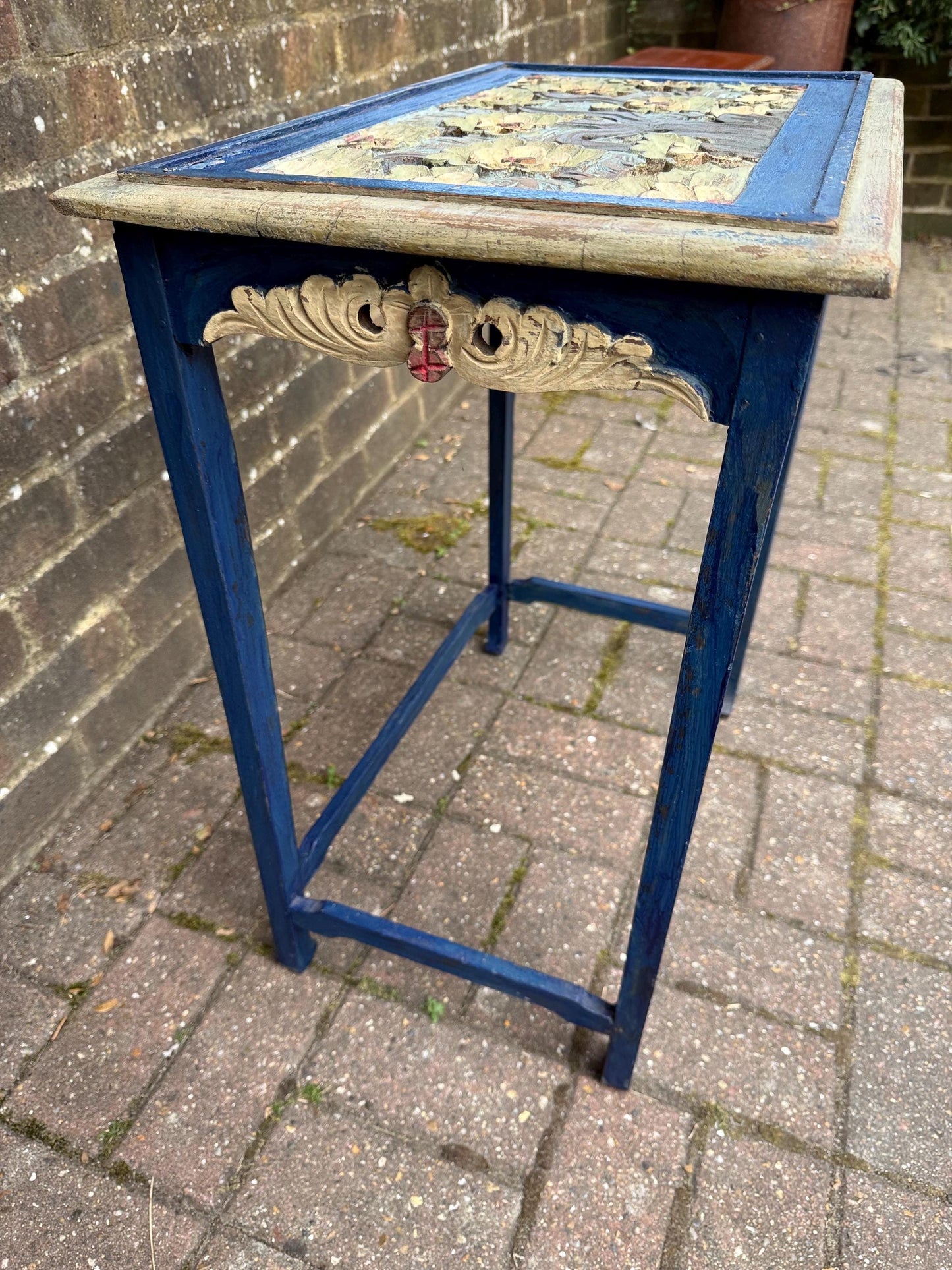 Vintage Hand-Painted Wooden Side Table – Oriental Far Eastern Origins, Carved Top, Rustic, Boho Chic, Shabby Chic, Decorative Accent