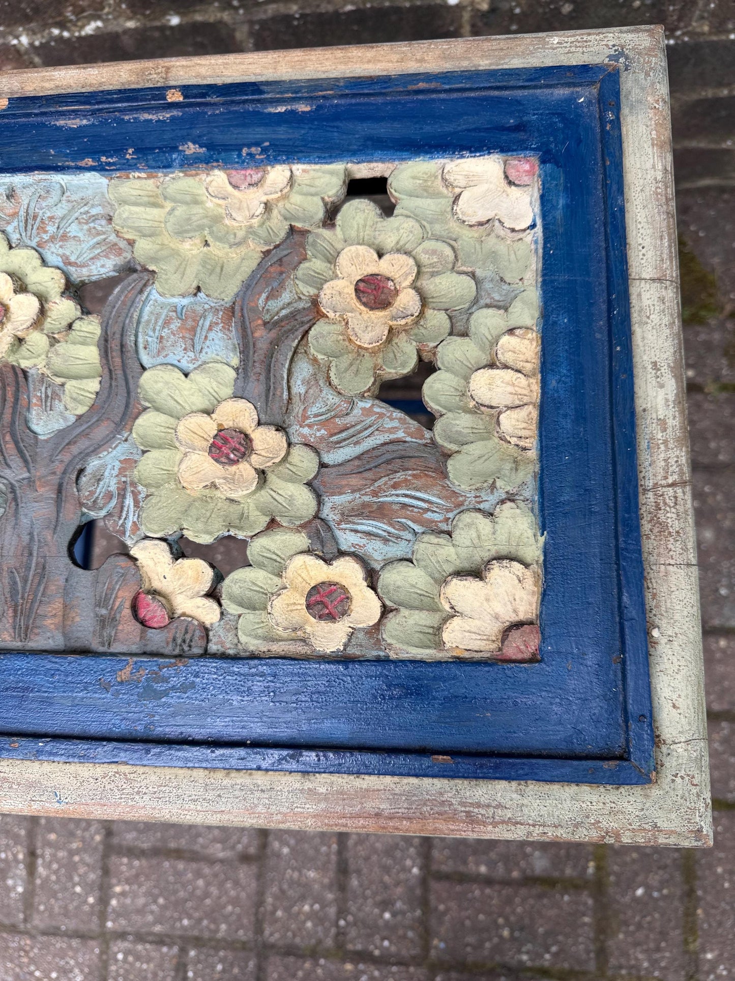 Vintage Hand-Painted Wooden Side Table – Oriental Far Eastern Origins, Carved Top, Rustic, Boho Chic, Shabby Chic, Decorative Accent