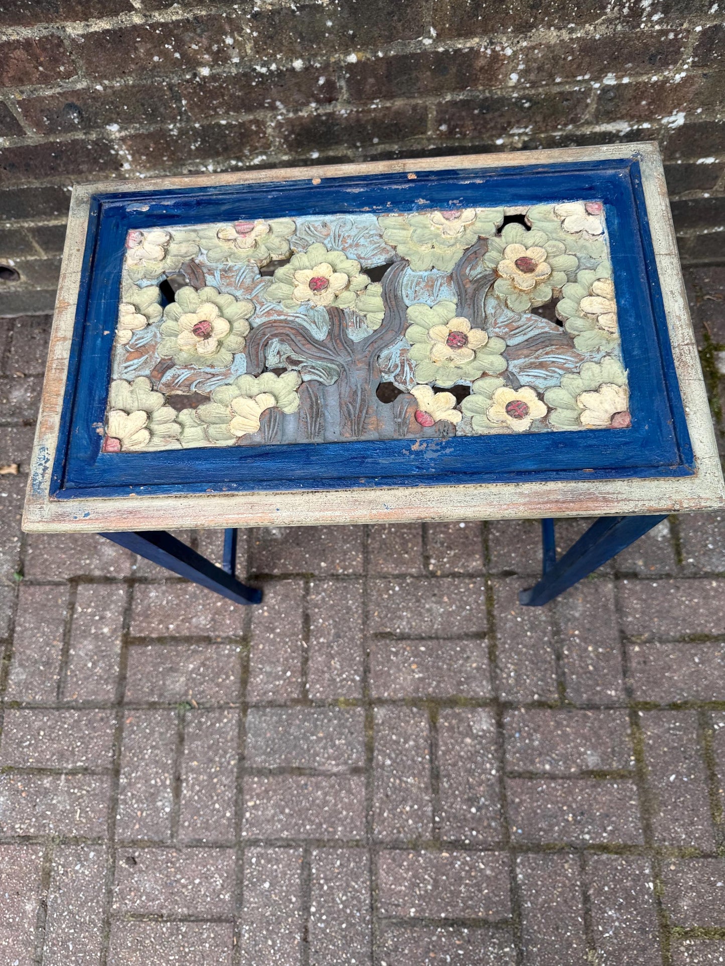 Vintage Hand-Painted Wooden Side Table – Oriental Far Eastern Origins, Carved Top, Rustic, Boho Chic, Shabby Chic, Decorative Accent