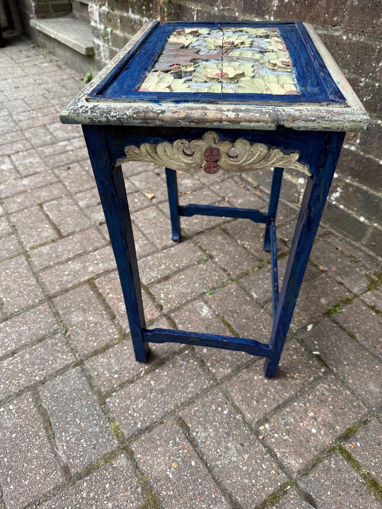 Small Vintage Hand-Painted Wooden Side Table – Oriental Far Eastern Origins, Carved Top, Rustic, Boho Chic, Shabby Chic, Decorative Accent