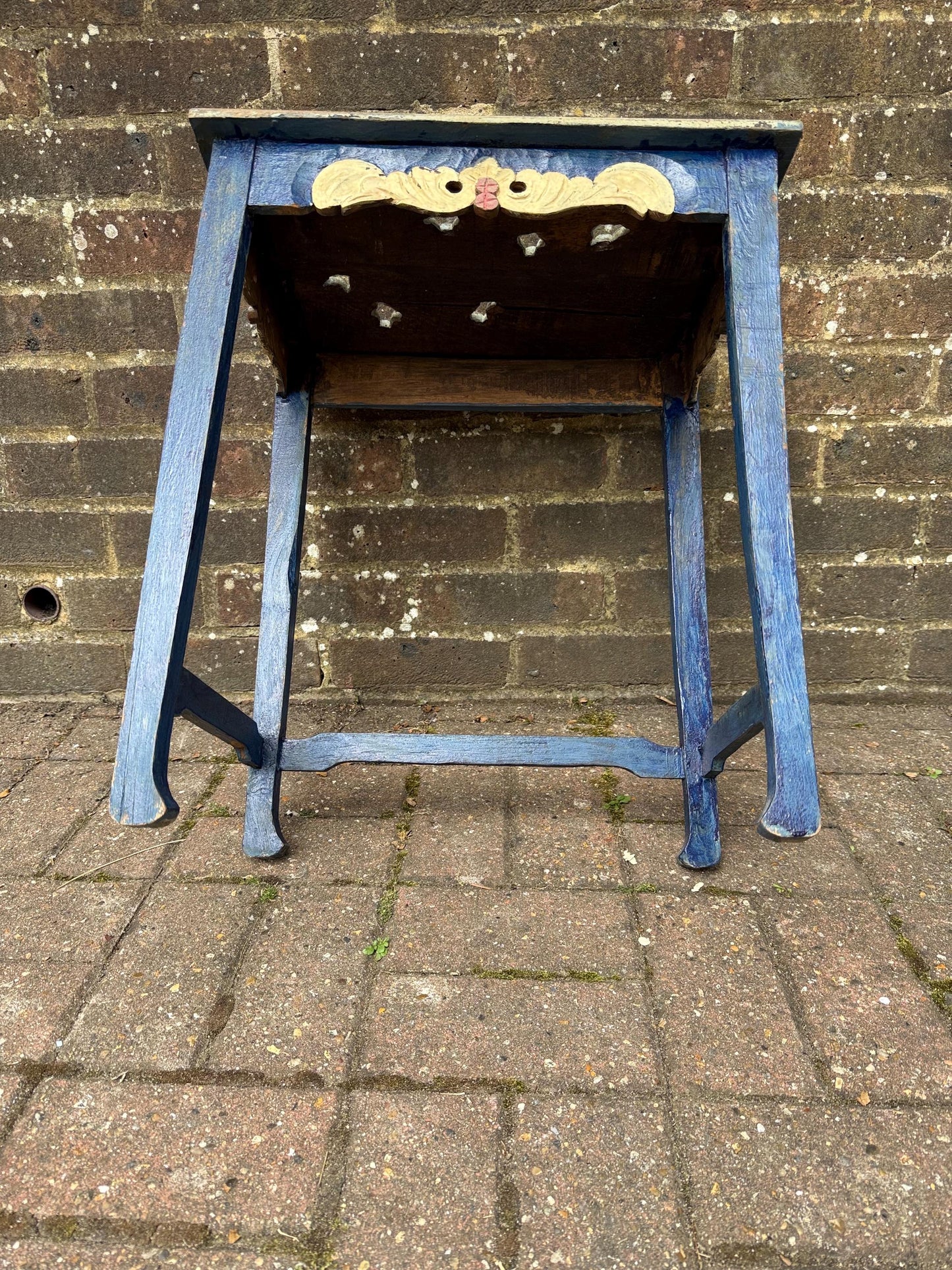 Small Vintage Hand-Painted Wooden Side Table – Oriental Far Eastern Origins, Carved Top, Rustic, Boho Chic, Shabby Chic, Decorative Accent