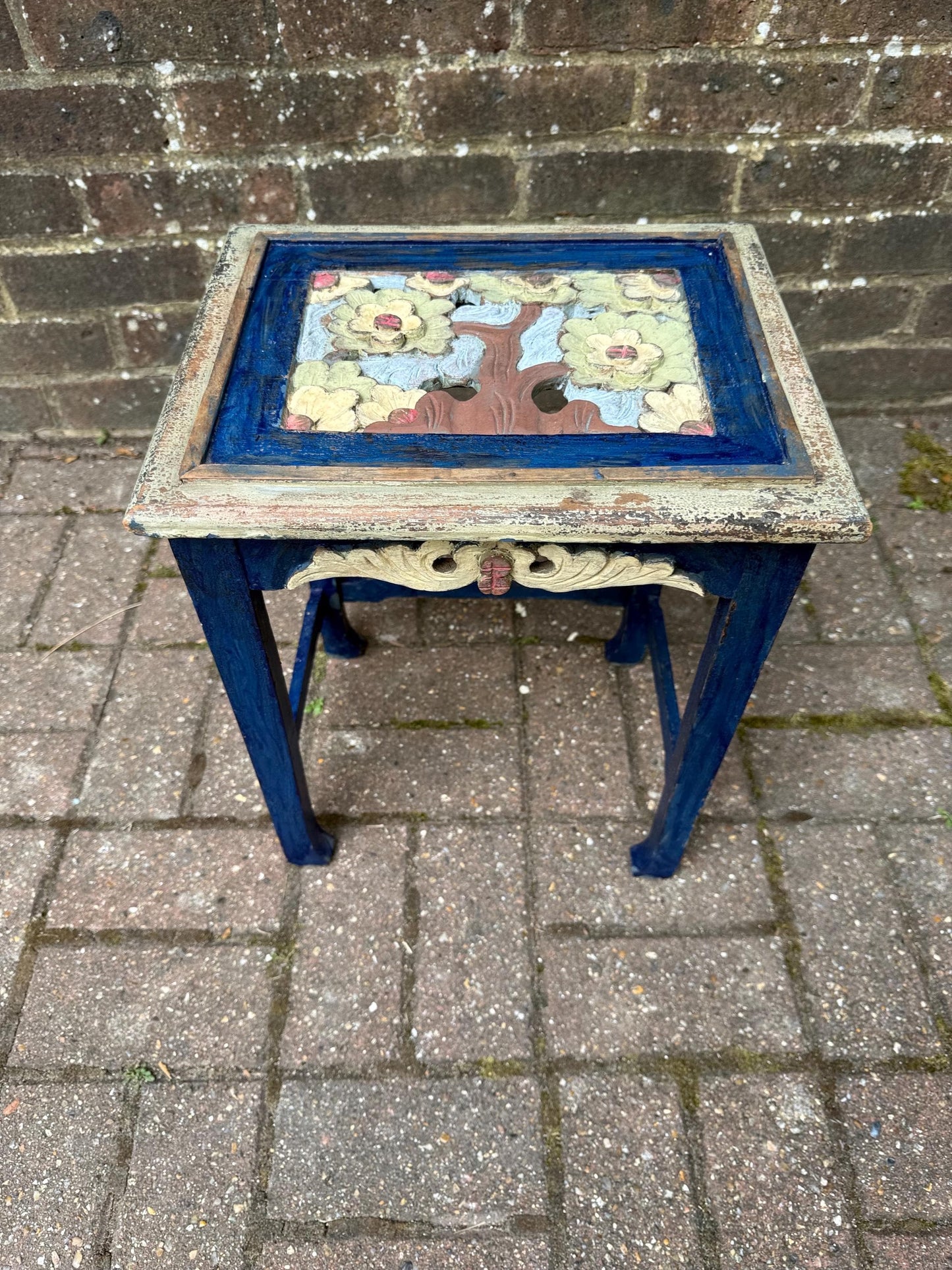 3 Vintage Hand-Painted Wooden Side Table – Oriental Far Eastern Origins, Carved Top, Rustic, Boho Chic, Shabby Chic, Decorative Accent