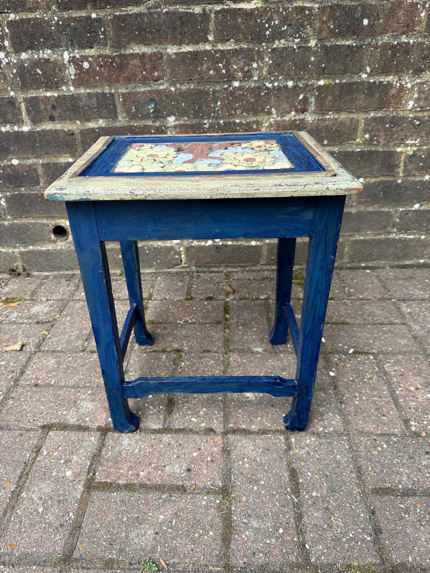 3 Vintage Hand-Painted Wooden Side Table – Oriental Far Eastern Origins, Carved Top, Rustic, Boho Chic, Shabby Chic, Decorative Accent