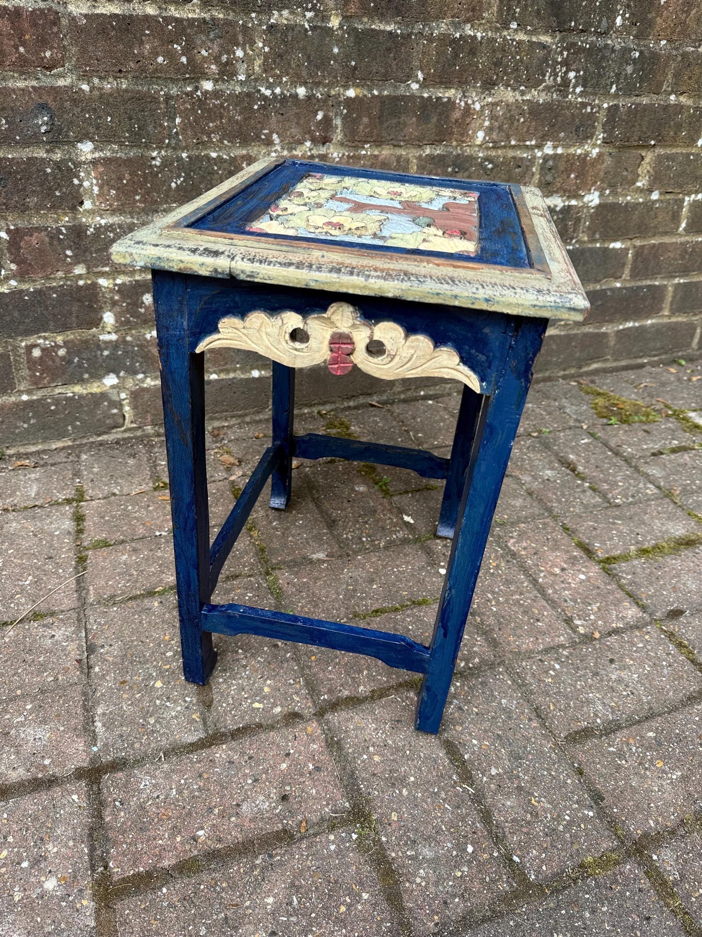 3 Vintage Hand-Painted Wooden Side Table – Oriental Far Eastern Origins, Carved Top, Rustic, Boho Chic, Shabby Chic, Decorative Accent