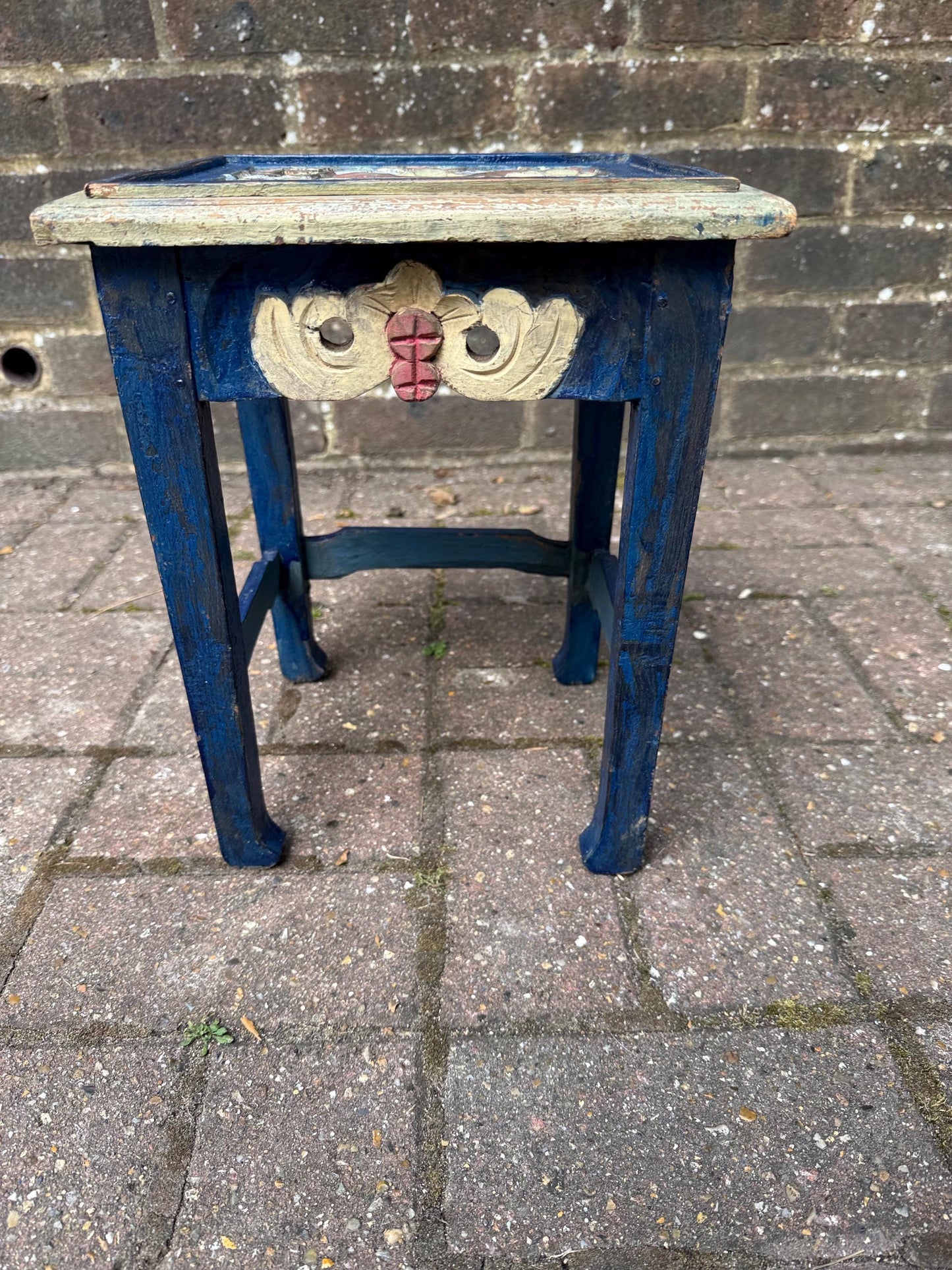 Dinky Vintage Hand-Painted Wooden Side Table – Oriental Far Eastern Origins, Carved Top, Rustic, Boho Chic, Shabby Chic, Decorative Accent