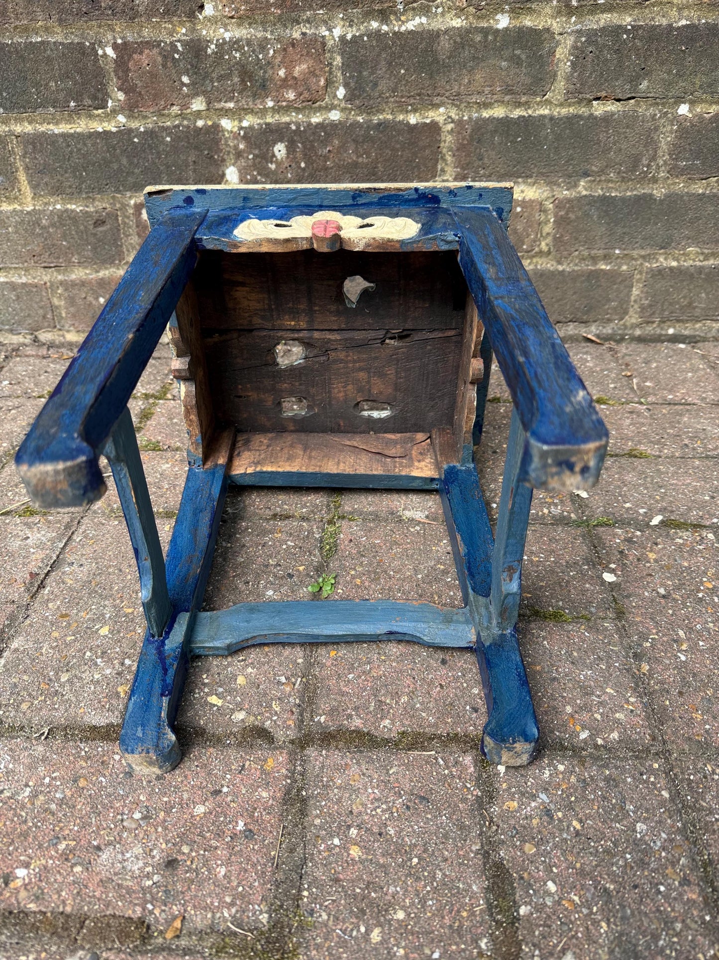 Dinky Vintage Hand-Painted Wooden Side Table – Oriental Far Eastern Origins, Carved Top, Rustic, Boho Chic, Shabby Chic, Decorative Accent