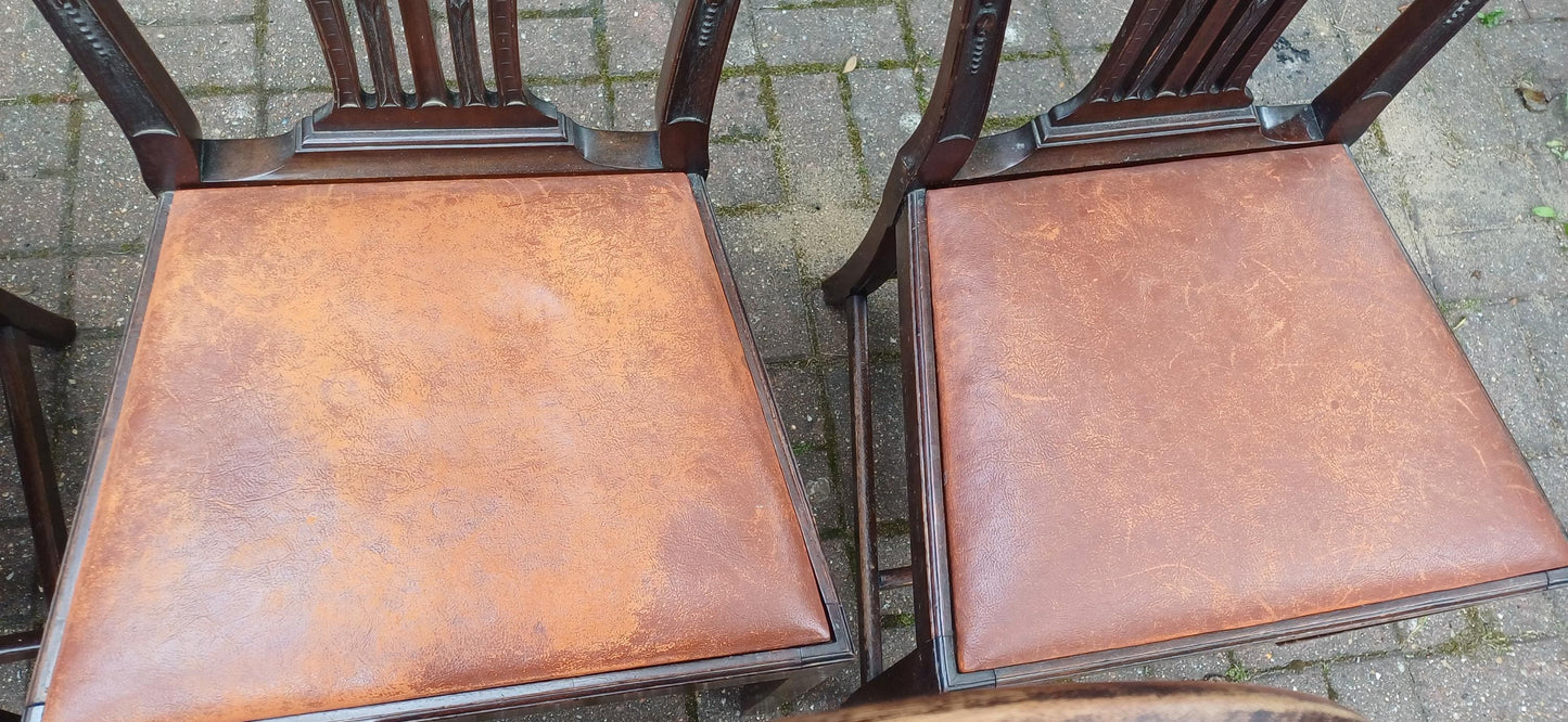 Set of 6 Antique Edwardian Dining Chairs Carved Backs and Original Leather Seats Mahogany c.1900 Arts & Crafts Revival FREE HAND Delivery