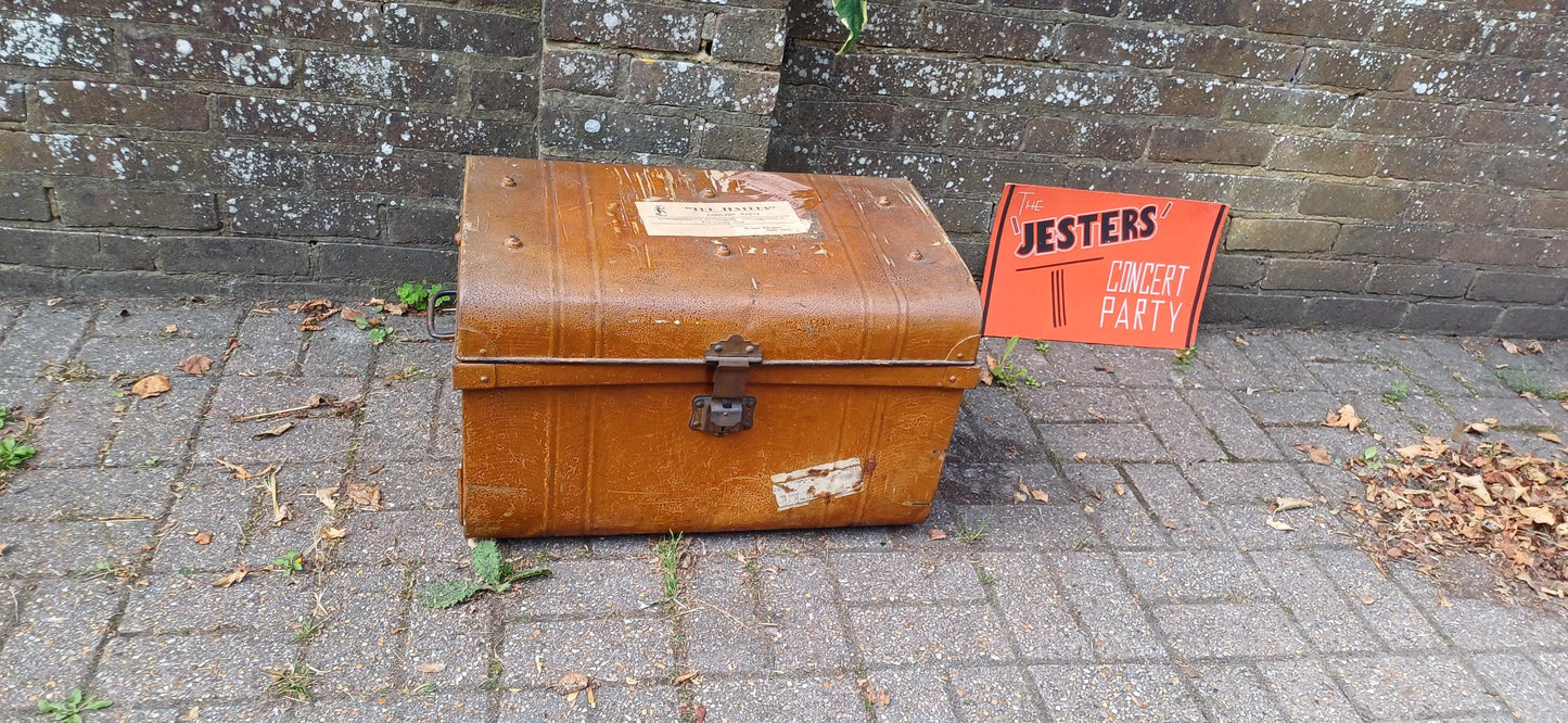 Vintage Victorian Industrial Metal Travel Trunk Storage Chest, Riveted Construction & Original Hardware –Quirky Coffee Table 'Jesters' Epson