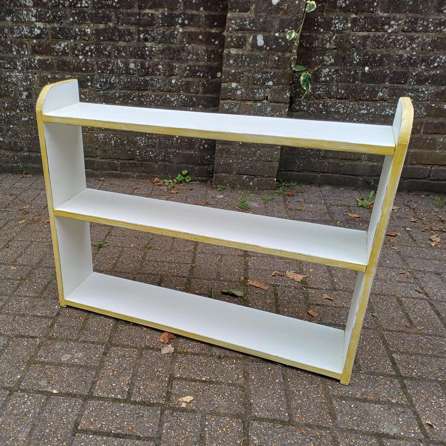 Hand Painted Vintage Wall or Freestanding Shelf Farrow & Ball Wimborne White Gold Trim Shabby Chic Bookshelf Open Storage Display