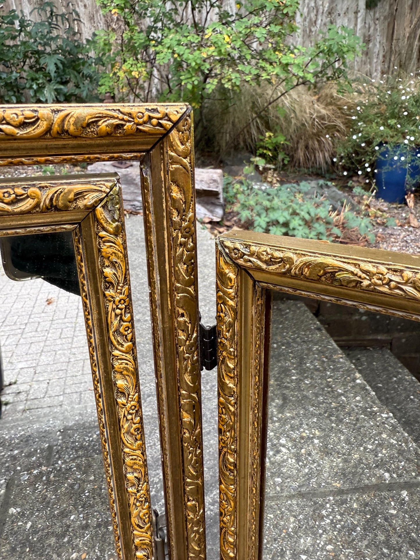Vintage gilt triple folding mirror, ornate rococo style dressing table vanity mirror, gold framed trifold wall decor, retro mirror