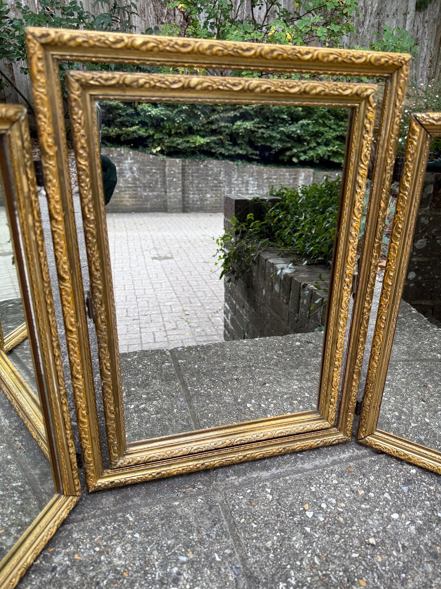 Vintage gilt triple folding mirror, ornate rococo style dressing table vanity mirror, gold framed trifold wall decor, retro mirror