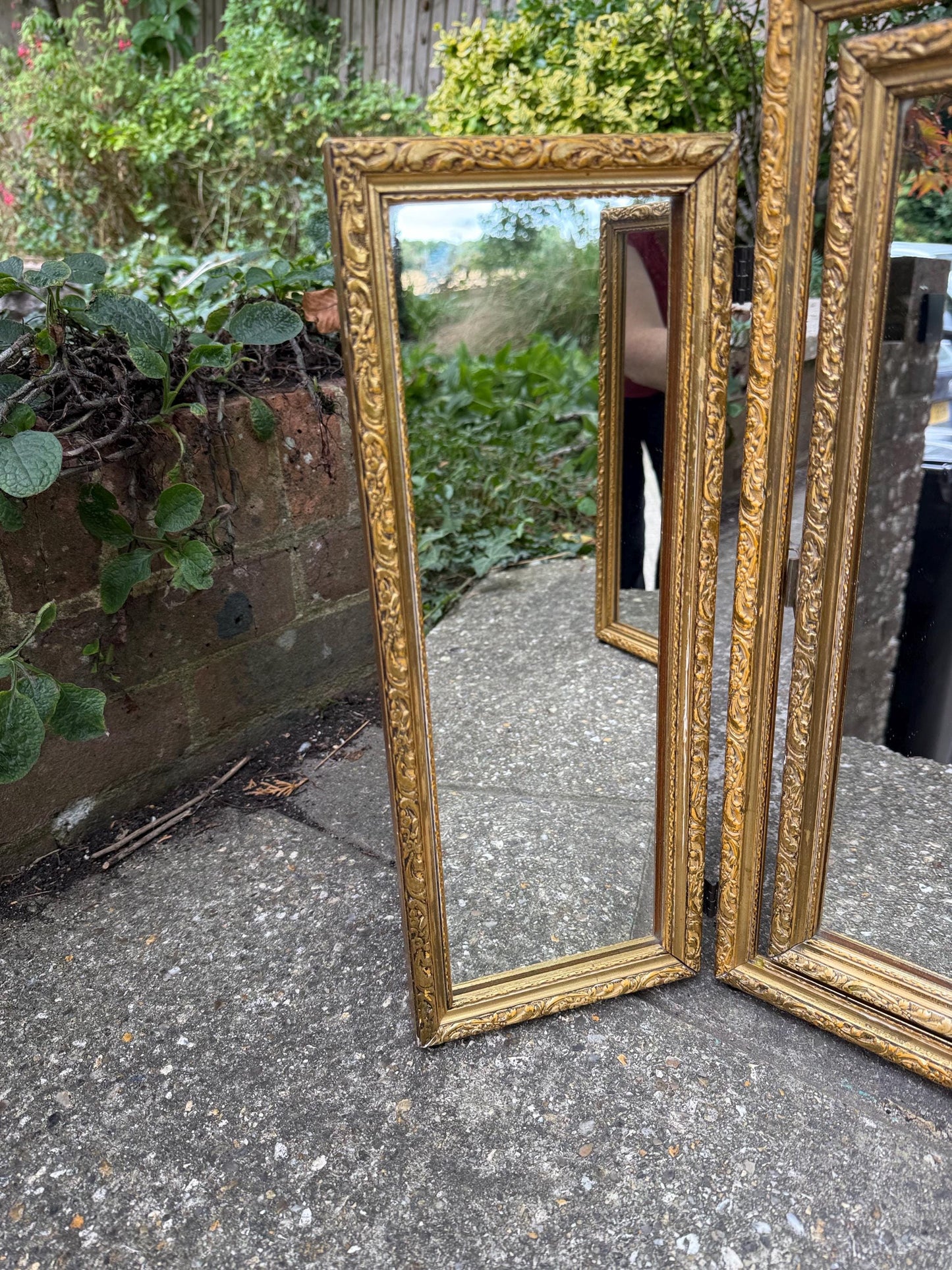 Vintage gilt triple folding mirror, ornate rococo style dressing table vanity mirror, gold framed trifold wall decor, retro mirror