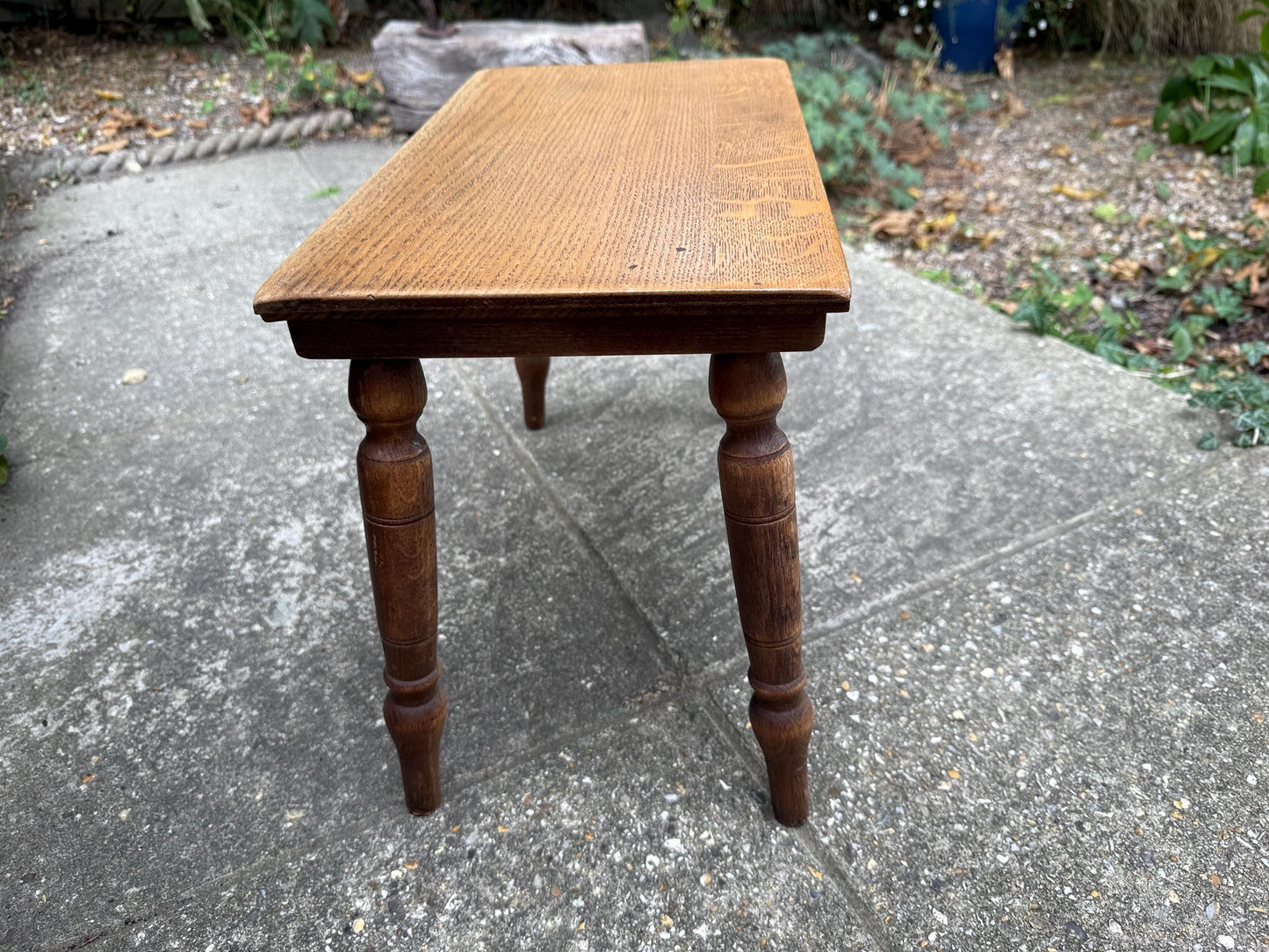 Mid-century vintage solid oak table, traditional style with turned legs, sanded top, farmhouse cottage occasional side table, small table