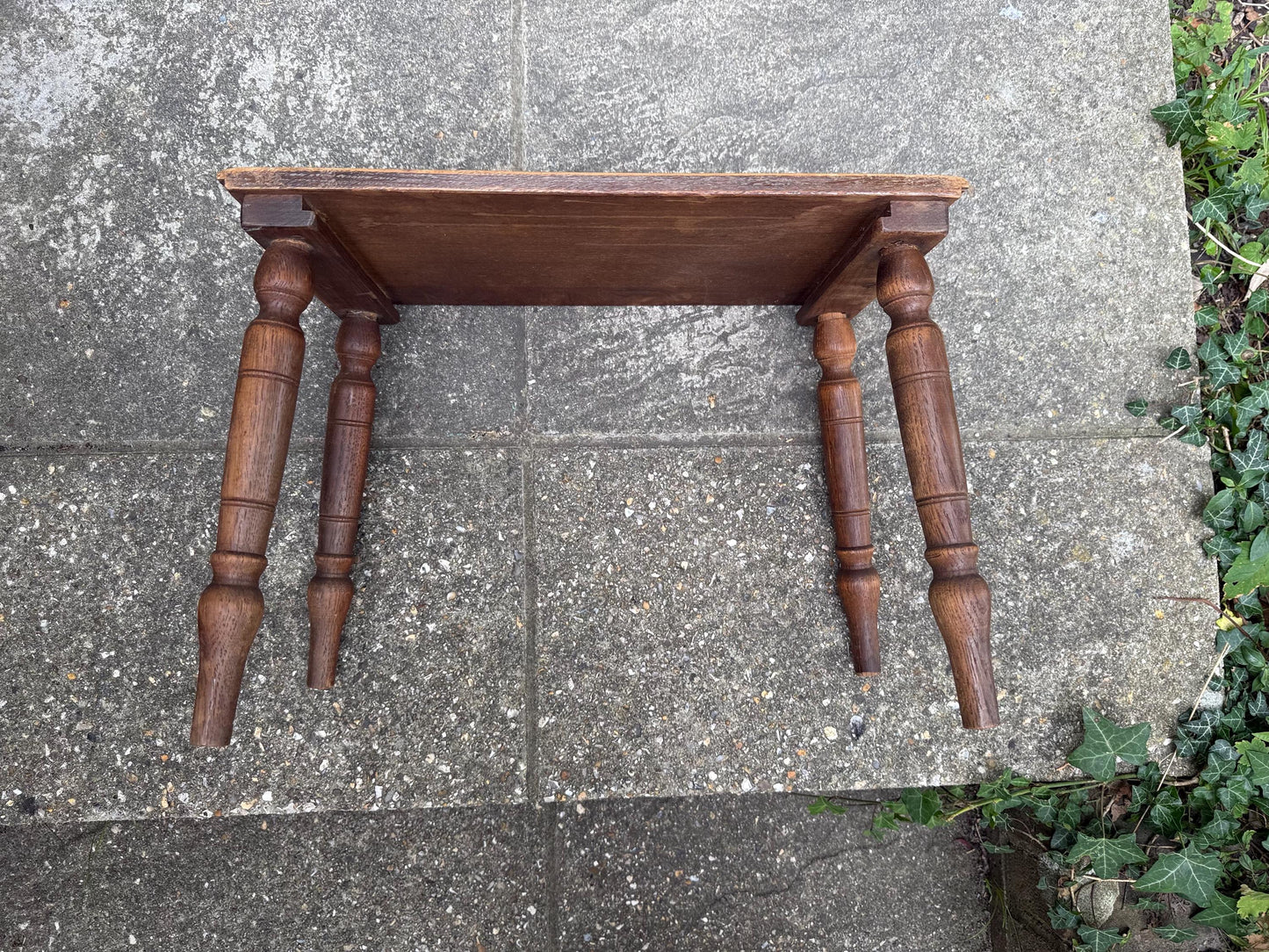Mid-century vintage solid oak table, traditional style with turned legs, sanded top, farmhouse cottage occasional side table, small table