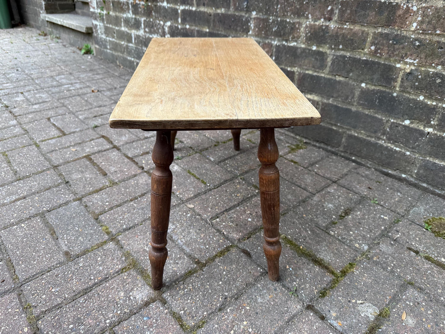 Mid-century vintage solid oak table, traditional style with turned legs, sanded top, farmhouse cottage occasional side table, small table