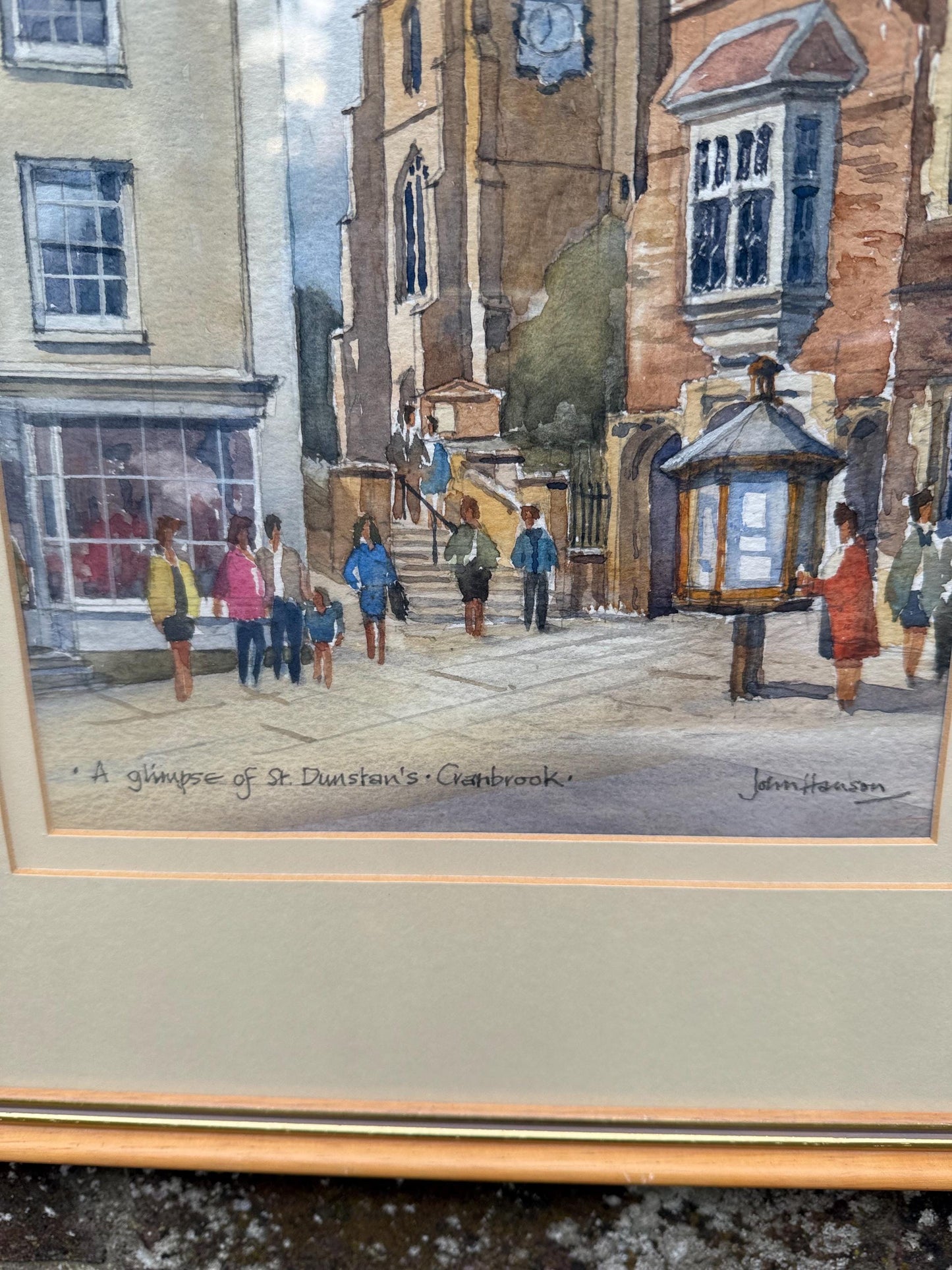 Framed Vintage Watercolour of St. Dunstan’s Church Cranbrook by John Hanson – Original Kent Street Scene, Signed, Charming Detail