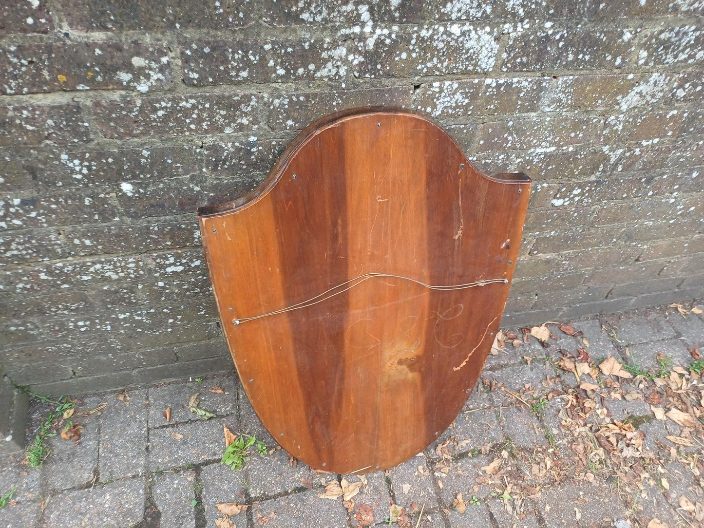 Vintage 1920s Shield Shaped Wall Mirror – Elegant Bevelled Glass & Inlaid Wood Frame – Former Early 20th Century Dressing Table Mirror