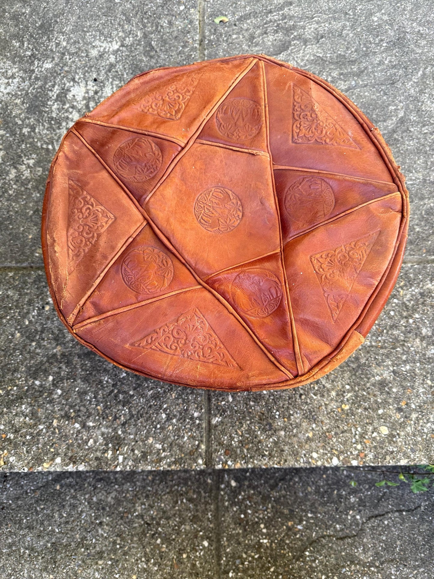 Vintage Leatherette Moroccan-Style Pouf – Embossed Tan Footstool with threaded Base, rustic and comfy