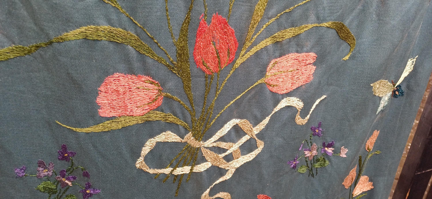 Massive Vintage Embroidered Folding Room Divider | Embroidered Screen with Floral and Butterfly Motifs Privacy Panel FREE HAND Delivery
