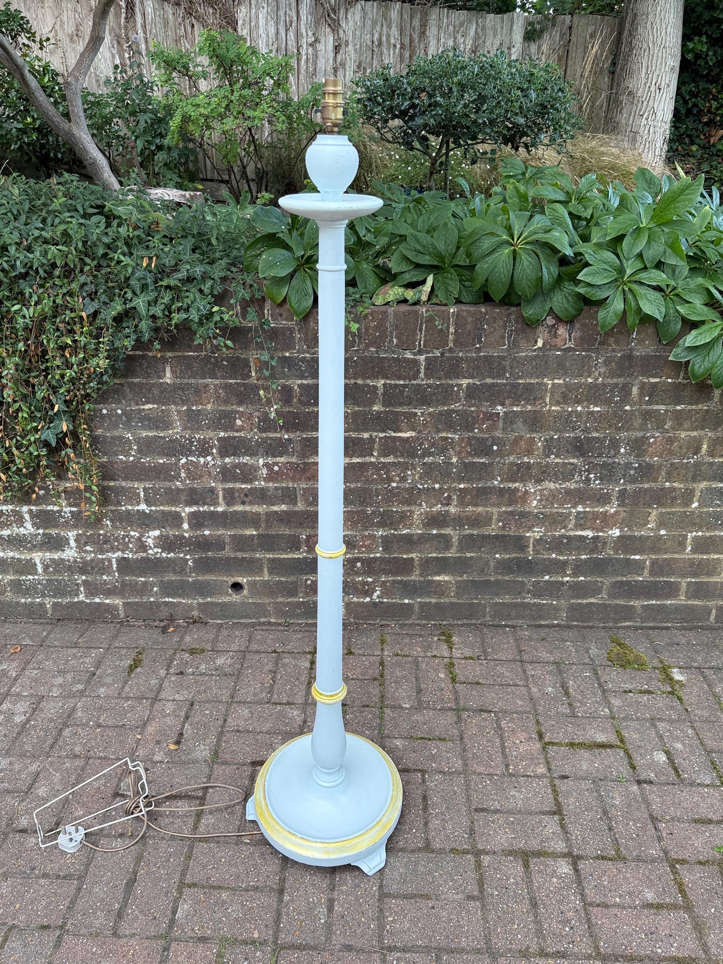 Upcycled Early 20th Century Vintage Standard Lamp, Duck Egg Blue and Gold, Hand Painted in Farrow & Ball ‘Borrowed Light’ PAT tested working