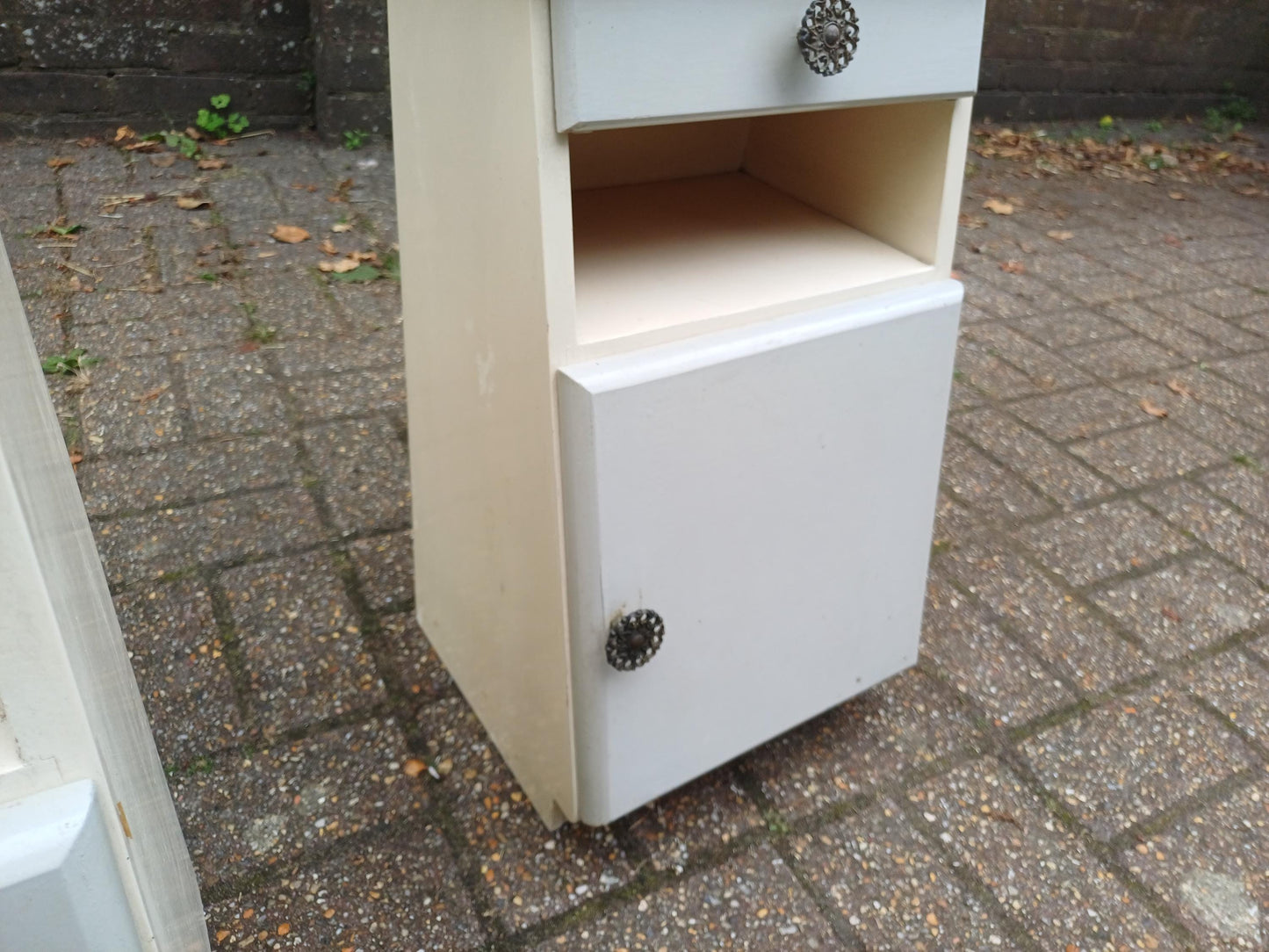 Dalek Lookalike! Cute Pair of 1950s Retro Bedside Cupboards Star Pattern Tops Slanted Front Storage Vintage Cabinets Upcycled Nightstands