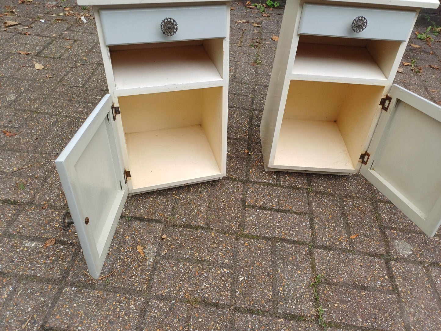Dalek Lookalike! Cute Pair of 1950s Retro Bedside Cupboards Star Pattern Tops Slanted Front Storage Vintage Cabinets Upcycled Nightstands