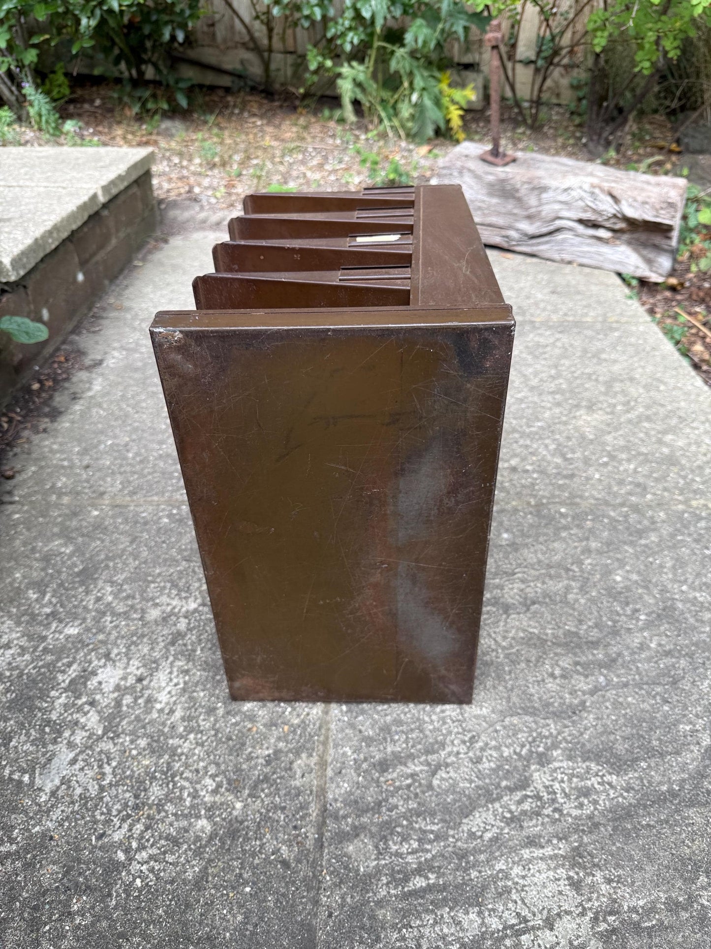 Vintage 1950s Industrial Metal Filing Tray, 4 Tier Desk Organiser, Retro Office Storage, Brown Steel Letter Sorter, Mid Century Decor