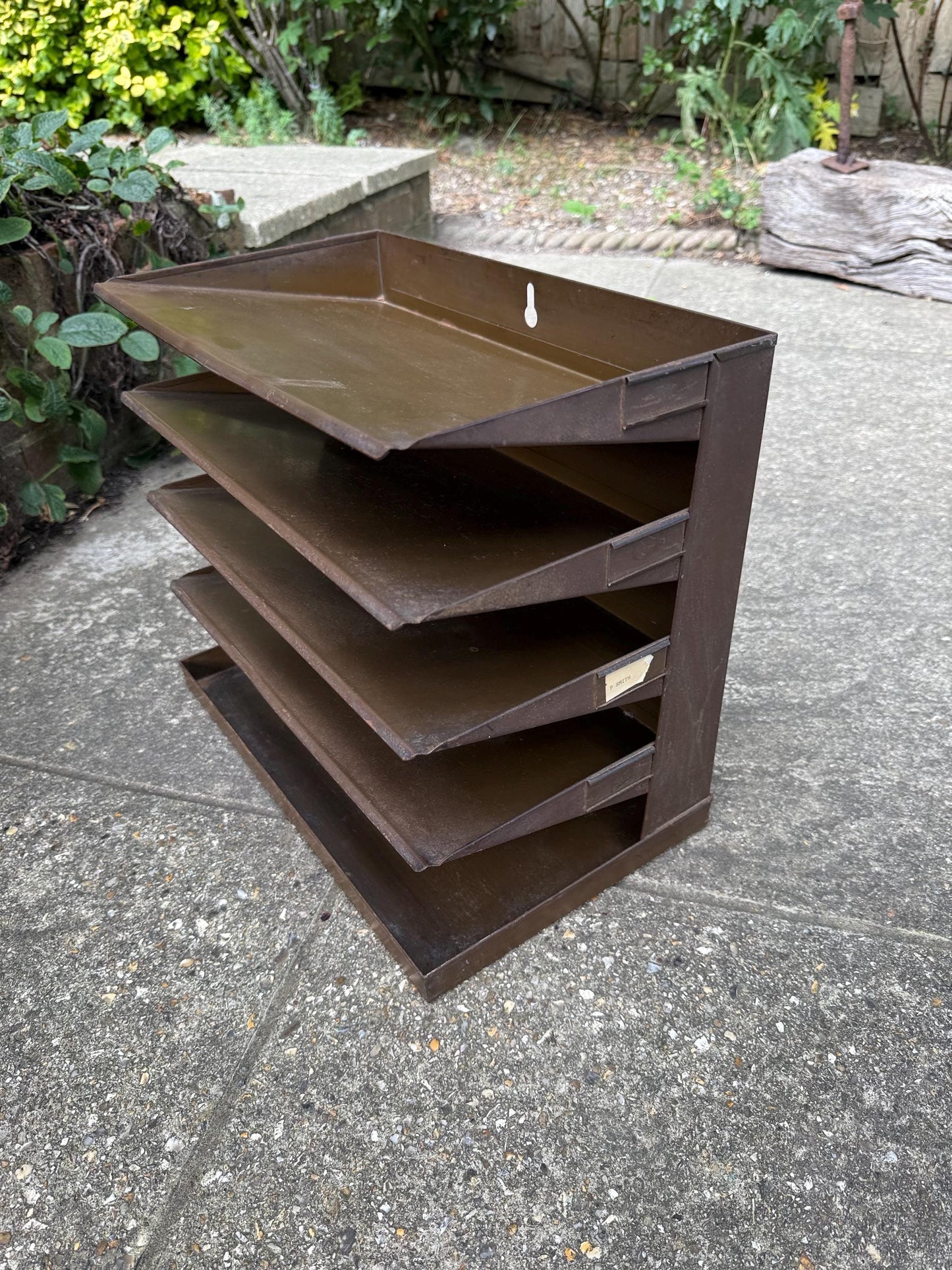 Vintage 1950s Industrial Metal Filing Tray, 4 Tier Desk Organiser, Retro Office Storage, Brown Steel Letter Sorter, Mid Century Decor