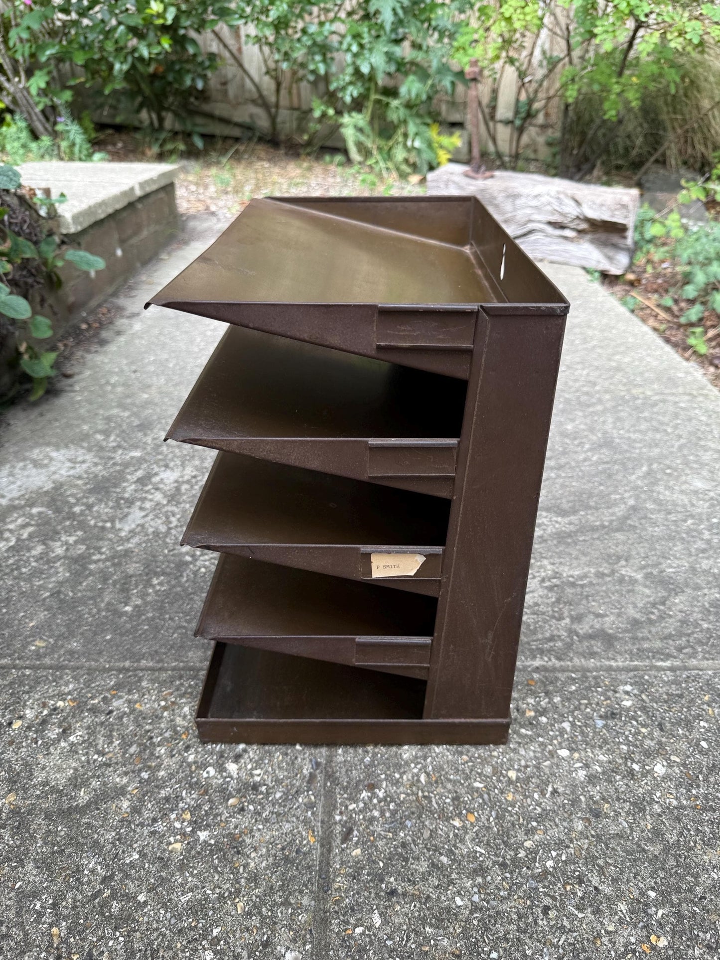 Vintage 1950s Industrial Metal Filing Tray, 4 Tier Desk Organiser, Retro Office Storage, Brown Steel Letter Sorter, Mid Century Decor