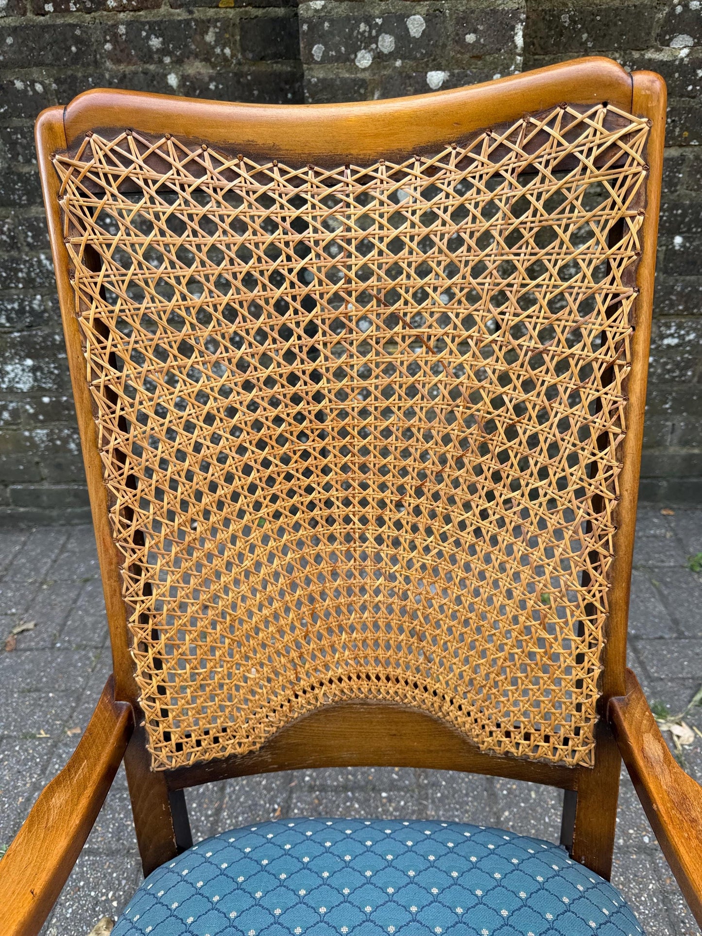 Vintage Early 1900s Cane Back Armchair with Turned Wood Arms & (more recent) Blue Upholstery – Mid-Century Revival, gorgeous oak armchair
