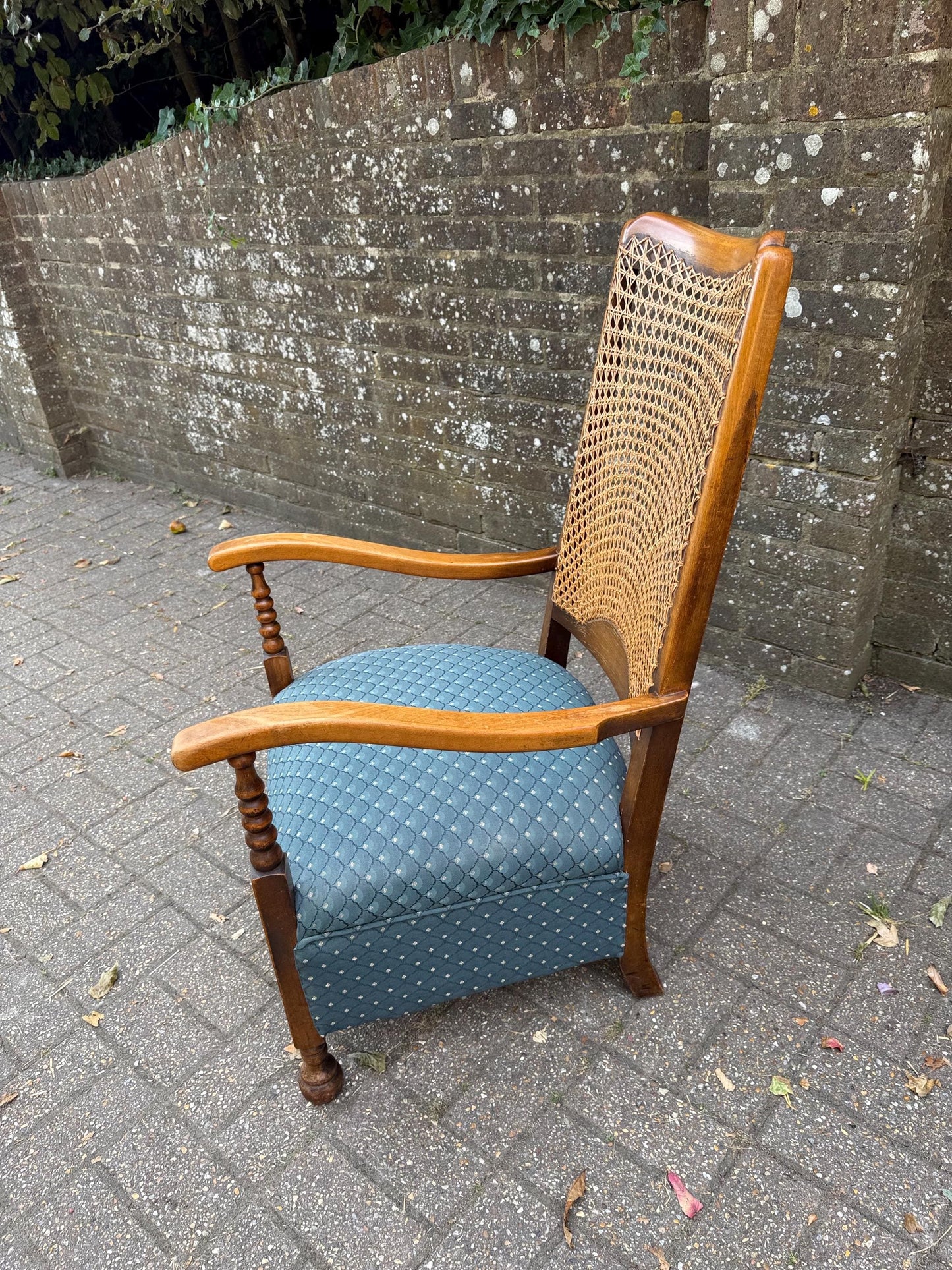 Vintage Early 1900s Cane Back Armchair with Turned Wood Arms & (more recent) Blue Upholstery – Mid-Century Revival, gorgeous oak armchair