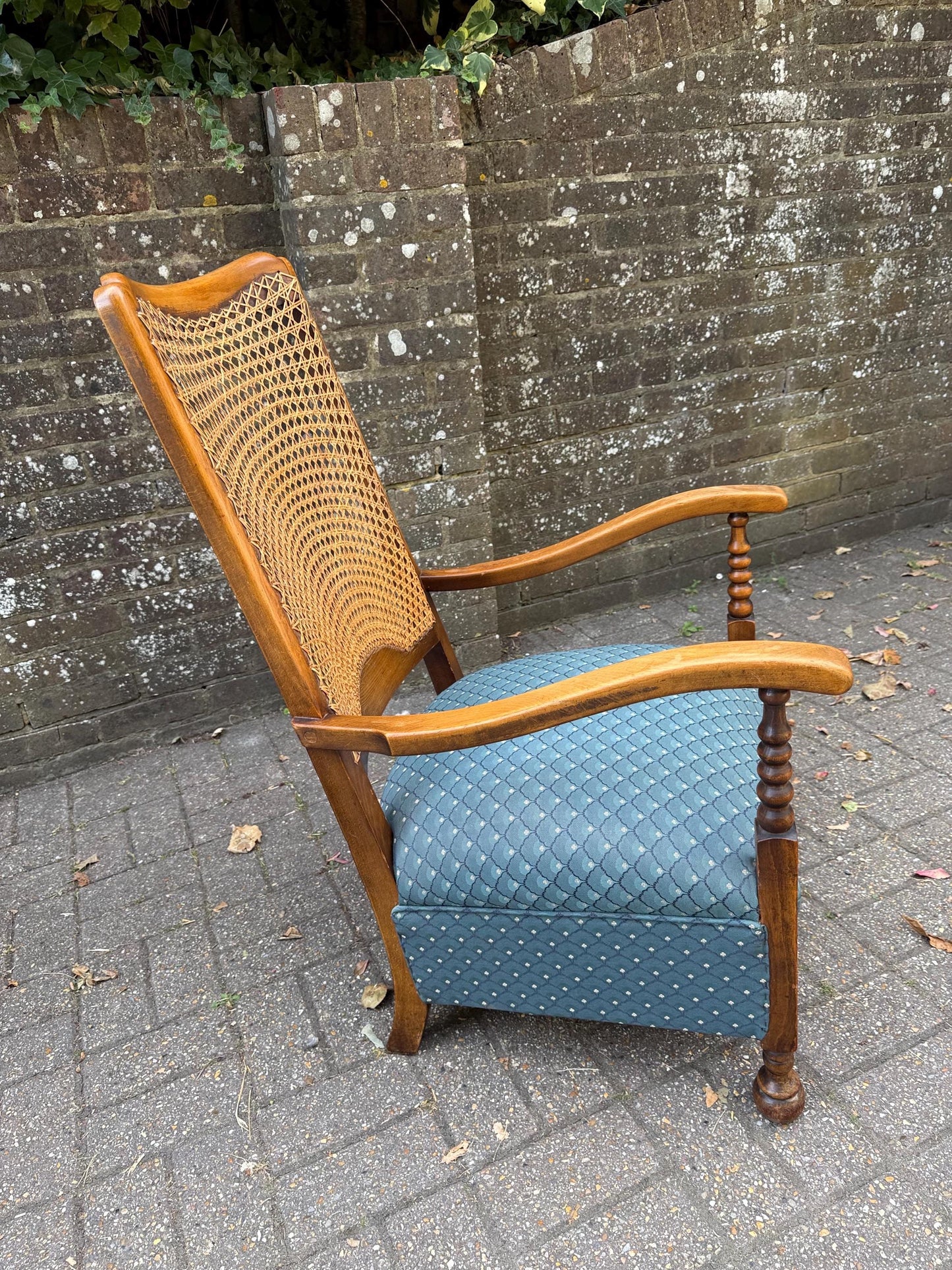 Vintage Early 1900s Cane Back Armchair with Turned Wood Arms & (more recent) Blue Upholstery – Mid-Century Revival, gorgeous oak armchair
