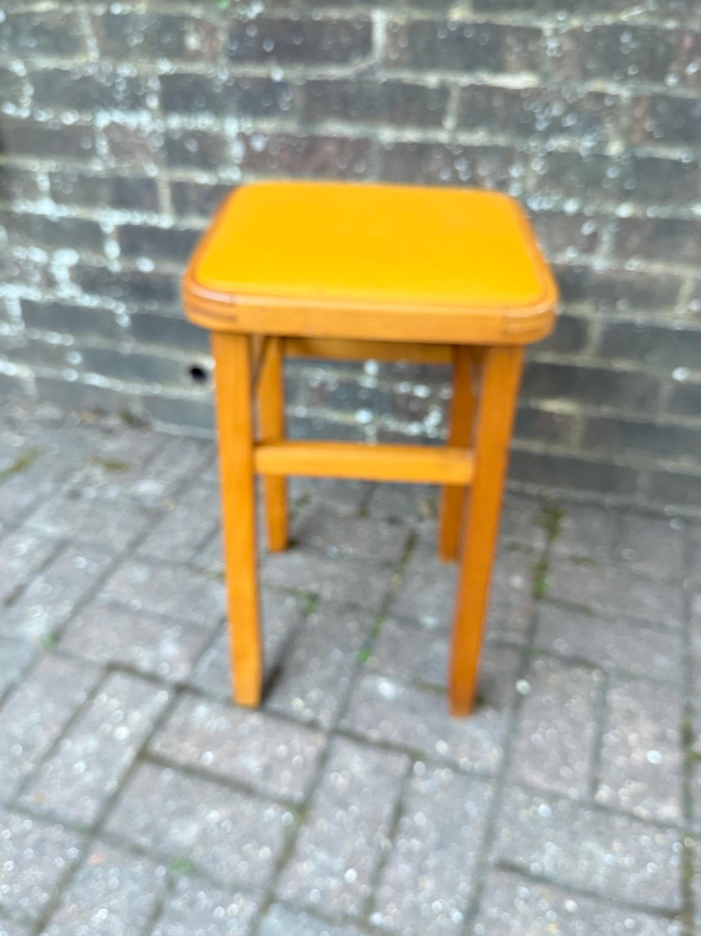 Vintage Mid Century Yellow Top Wooden Stool – Retro 1960s/70s Kitchen or Workshop Stool / Seat, Space Saving, Pop of Colour Furniture