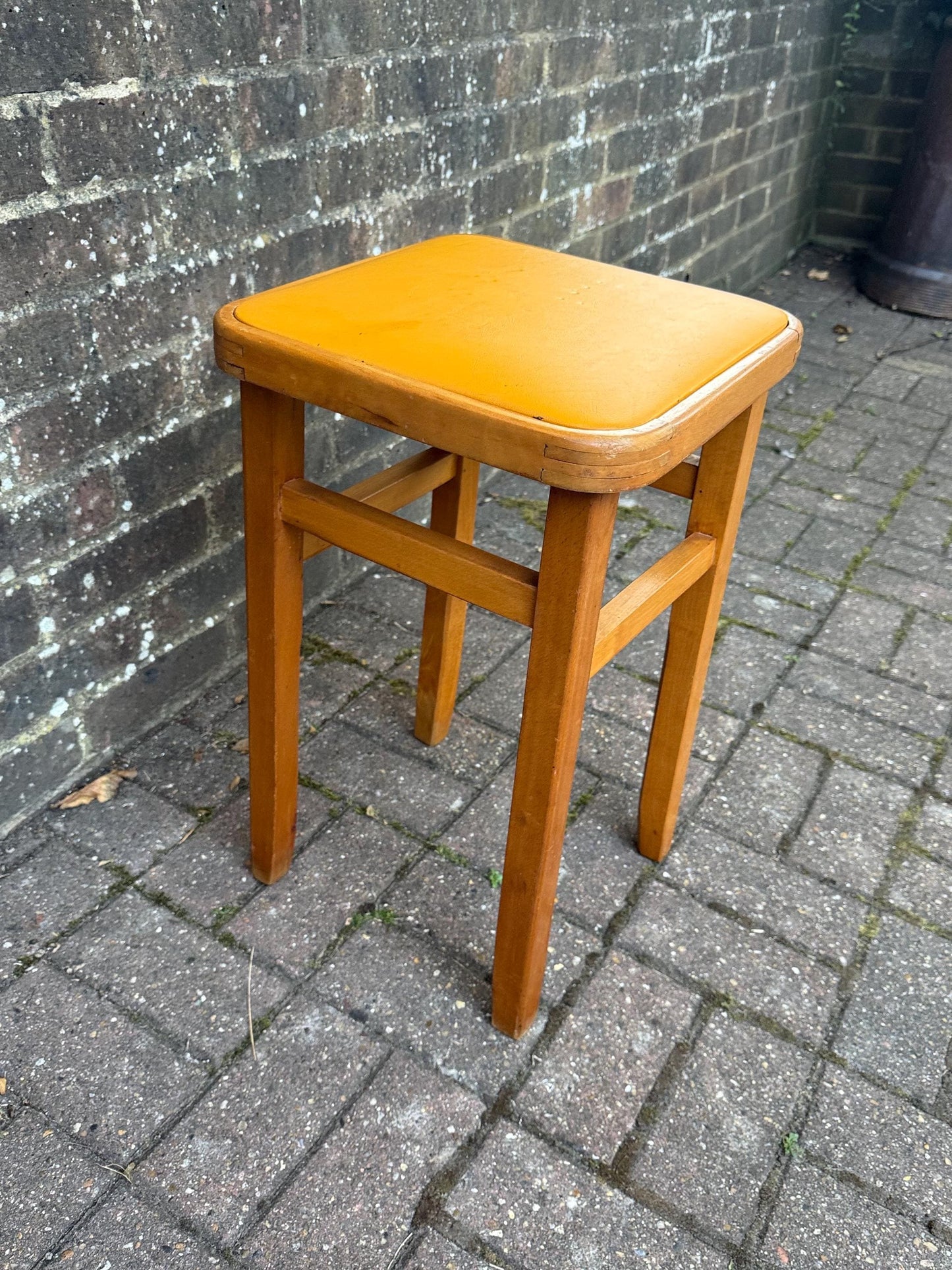 Vintage Mid Century Yellow Top Wooden Stool – Retro 1960s/70s Kitchen or Workshop Stool / Seat, Space Saving, Pop of Colour Furniture