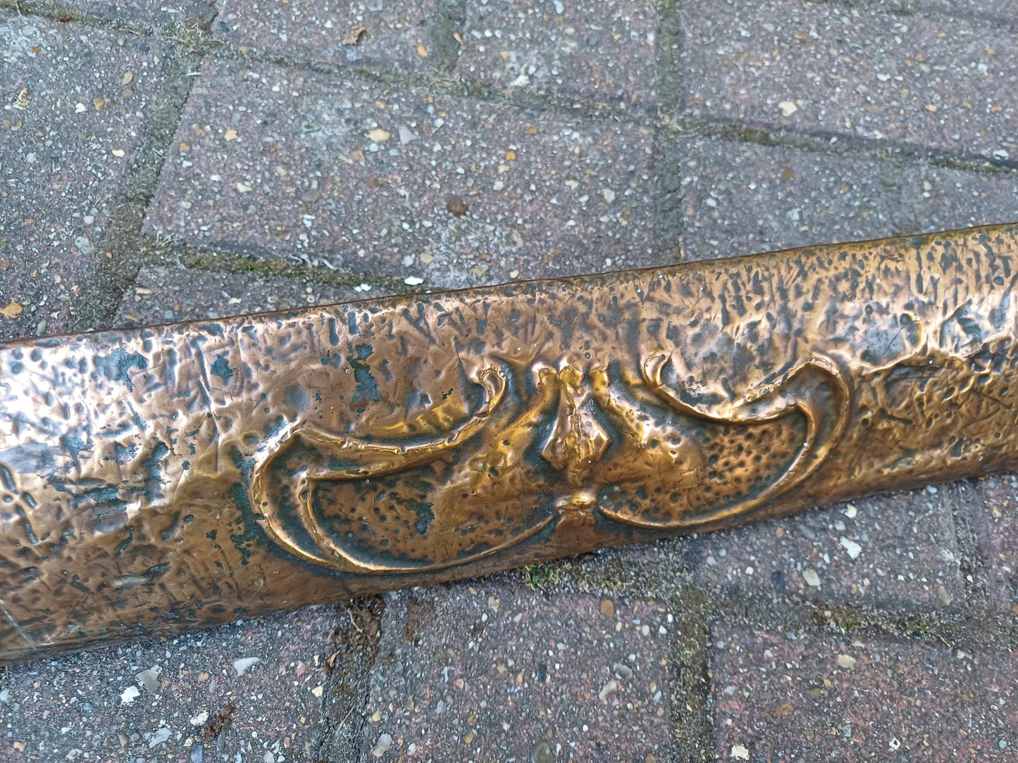 Arts and Crafts Copper Fire Surround Fender Antique Fireplace Guard c1900s Embossed Floral Art Nouveau