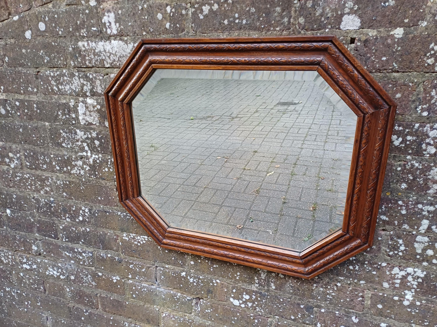 Antique Octagonal Wall Mirror with Oak Carved Wooden Frame and Bevelled Glass – Early 20th Century Vintage Decorative Home Accent