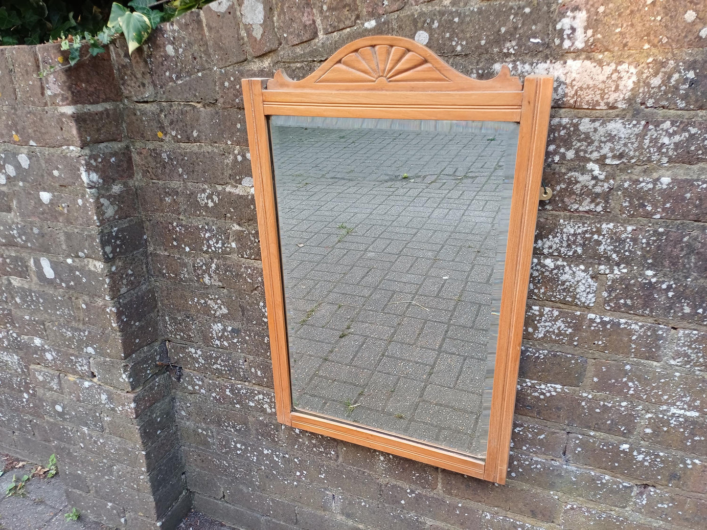 Vintage Satin Wood Stripped Wall Mirror with Carved Sunrise Pediment – Rustic Farmhouse Hallway or Bedroom Decor Quality Bevelled Glass